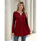 Zeagoo Women Blouses Long Sleeve Shirts Boho Henley V Neck Tops Business Casual Loose Pleated Fashion Clothing