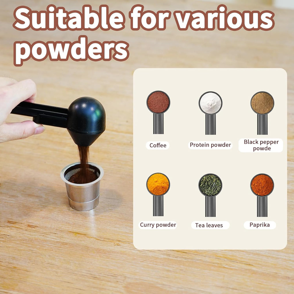 Coffee Scoop With Funnel For Ground Coffee, Protein Powder & Tea, For Reusable K Cup Refiller, 2Tbsp Mess-Free, Funnel Design Prevents Spills (Black, 1-Pack)