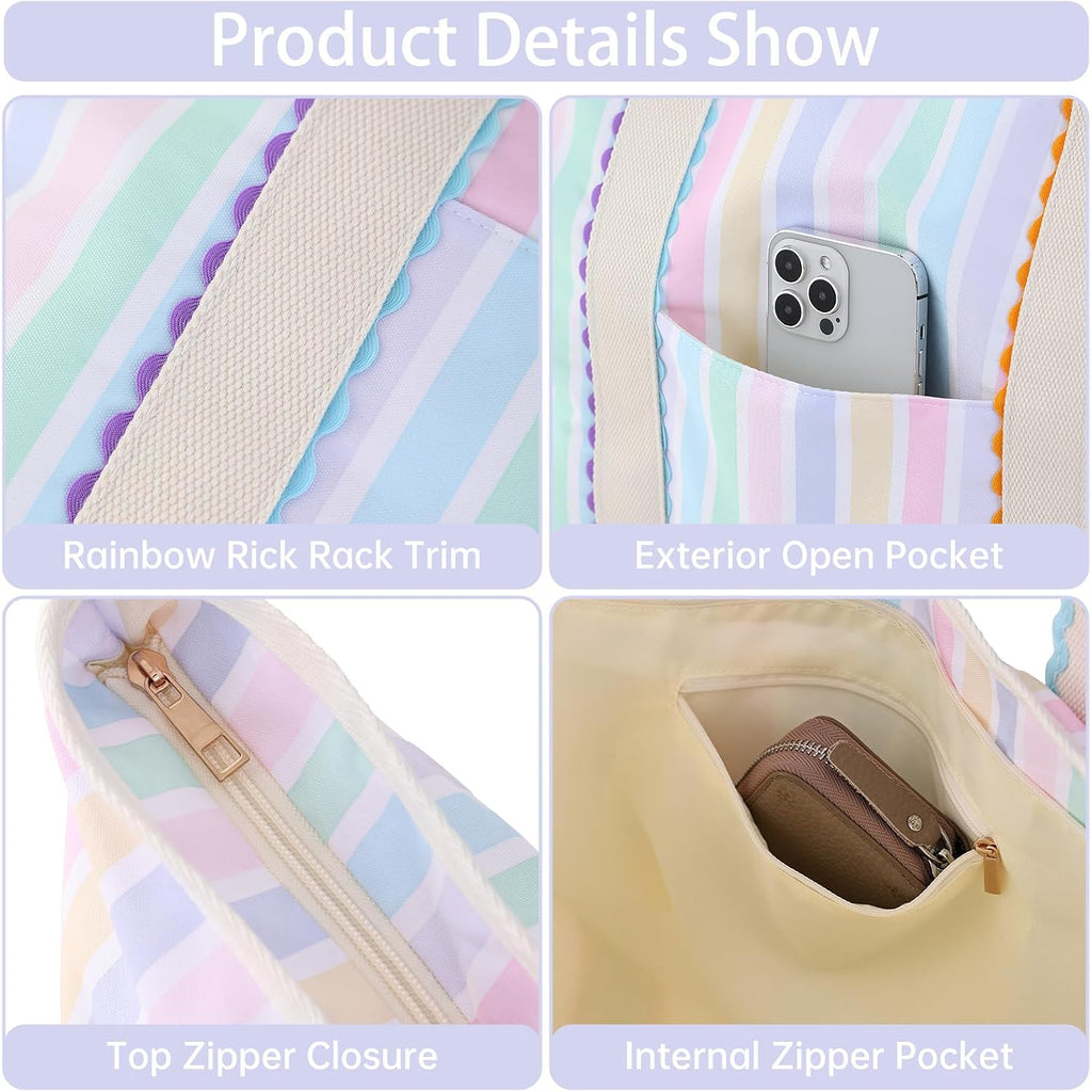 Canvas Tote Bag For Women, Rainbow Rick Rack Trim Stripe Handbag, Large Shoulder Tote With Pocket, Perfect For Everyday Use, Beach, Work And Travel