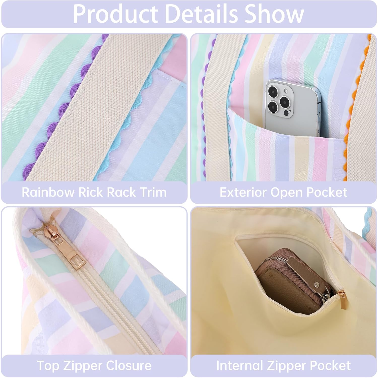 Canvas Tote Bag For Women, Rainbow Rick Rack Trim Stripe Handbag, Large Shoulder Tote With Pocket, Perfect For Everyday Use, Beach, Work And Travel