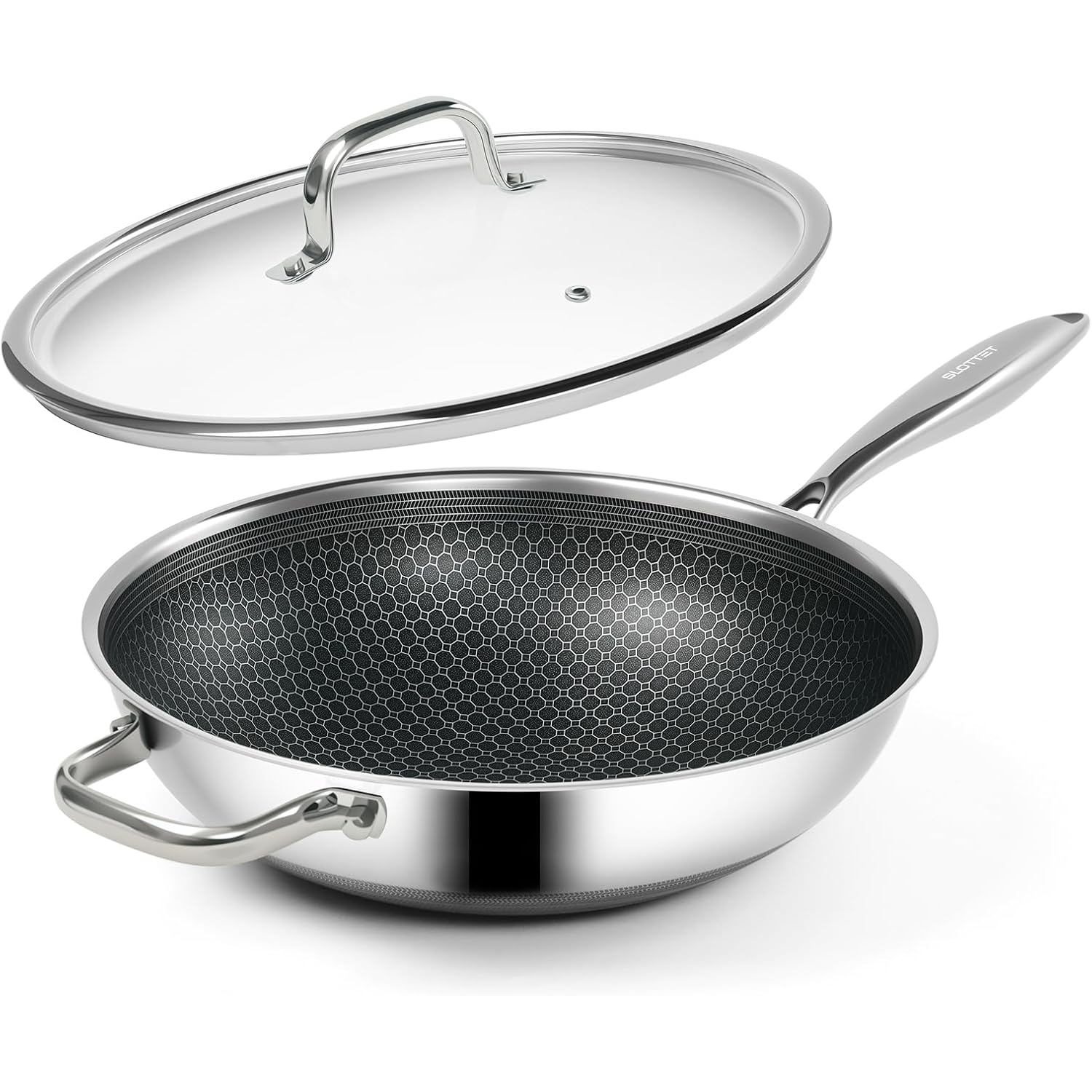 Slottet Hybrid 12-Inch Wok With Lid,Nonstick Stainless Steel Woks & Stir-Fry Pans,Stay-Cool Handle,Pfoa Free Cookware,Dishwasher And Oven Safe,Compatible With All Cooktops