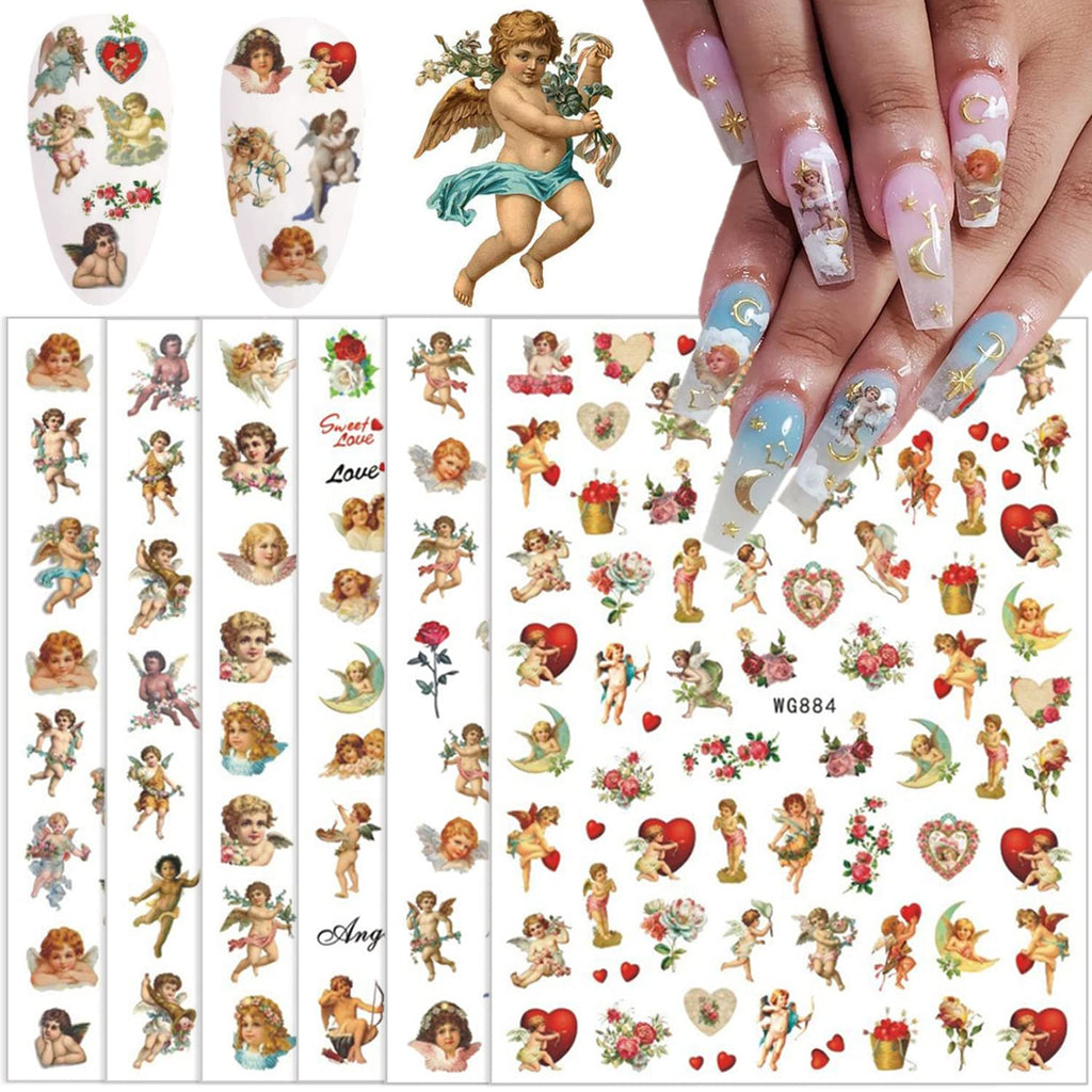 Cupid Angel Nail Art Stickers Cupid Nail Decals 8 Sheets 3D Self Adhesive Angel Design Nail Stickers Valentine's Day Nail Stickers Nail Charms Supplies Decoration for Women Acrylic DIY Manicure Tips