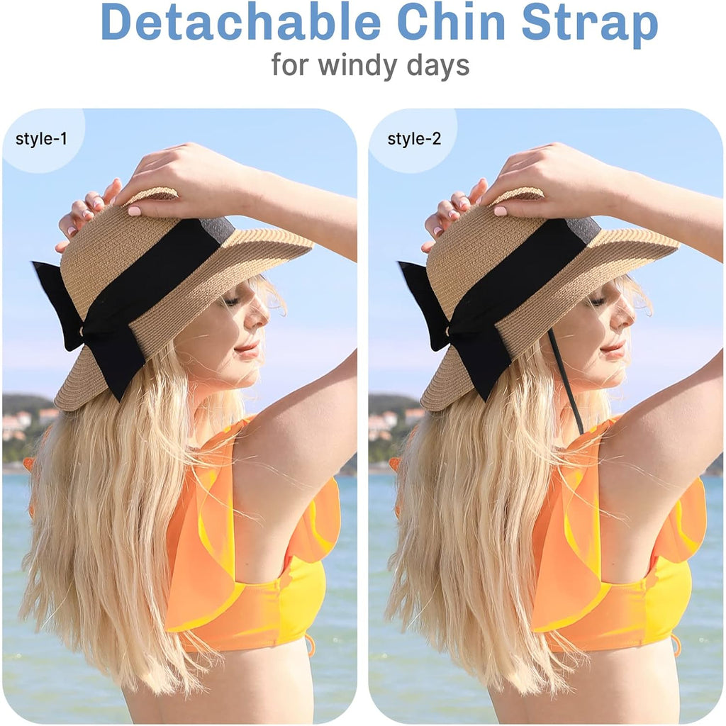 Beach Sun Straw Hats for Women, UPF 50+ UV Sun Protection Wide Brim Summer Straw Hat Foldable Packable Roll up Cap