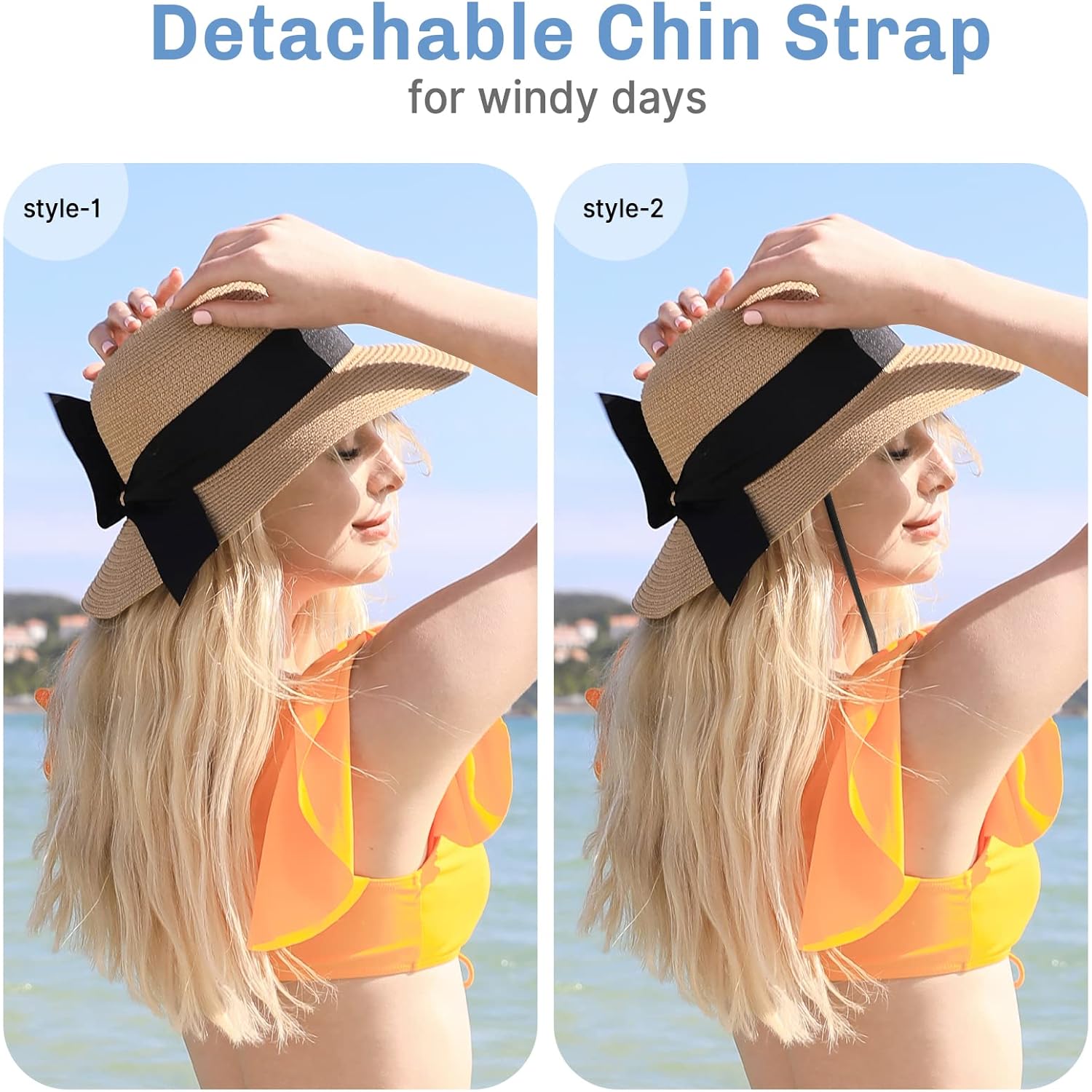 Beach Sun Straw Hats for Women, UPF 50+ UV Sun Protection Wide Brim Summer Straw Hat Foldable Packable Roll up Cap