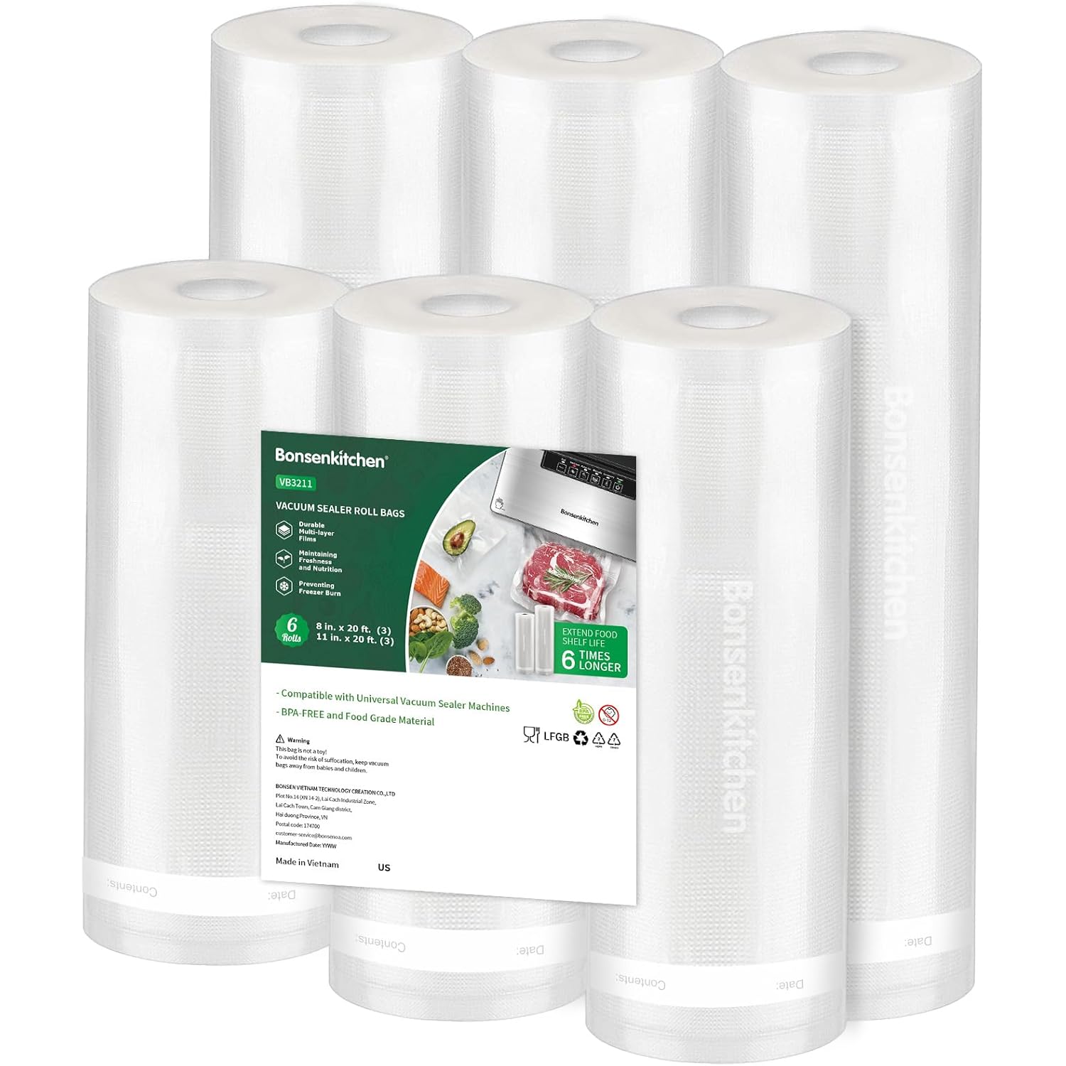 Bonsenkitchen Vacuum Sealer Rolls Bags, 6 Pack 3 Rolls 11" x 20' + 3 Rolls 8" x 20' Commercial Grade BPA Free Bag Rolls, Durable Customized Size Food Vac Bags for Storage and Sous Vide Cooking VB3211