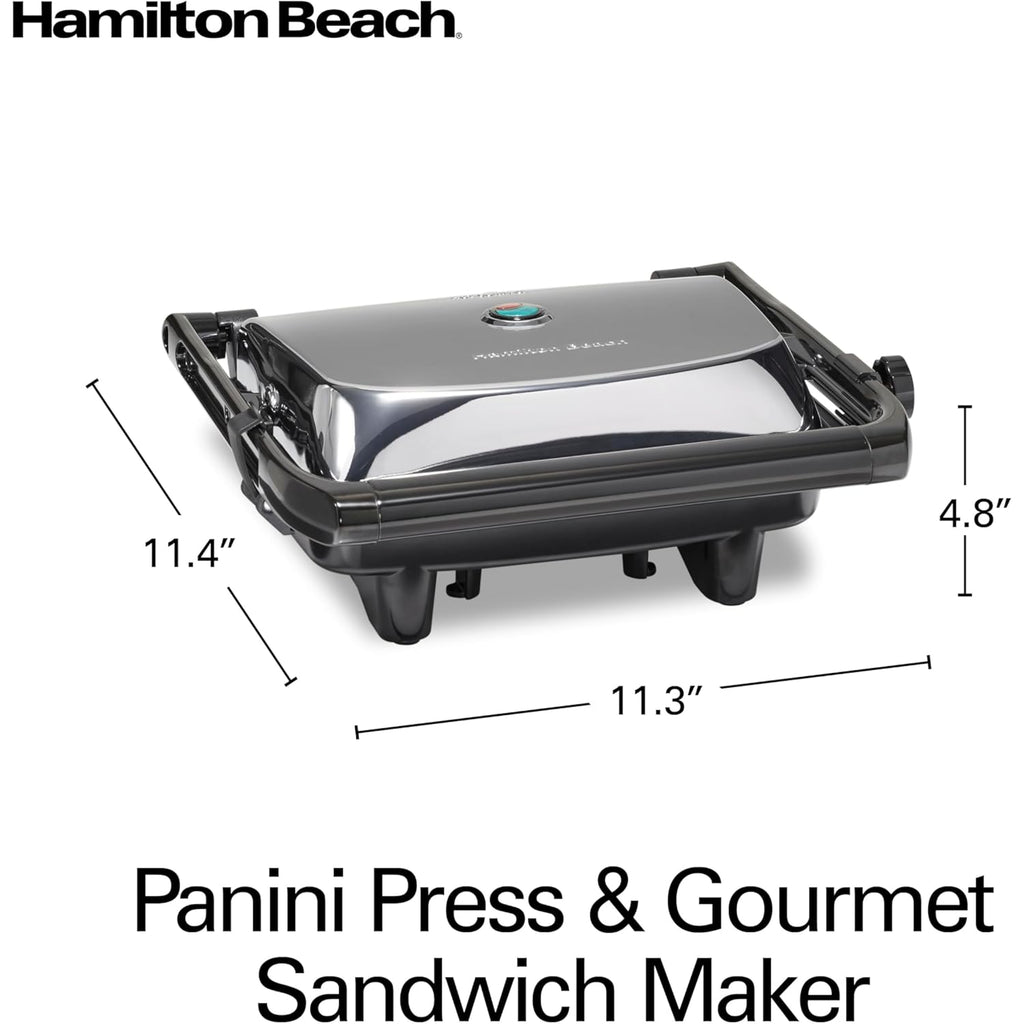 Hamilton Beach Panini Press Sandwich Maker & Electric Indoor Grill with Locking Lid, Opens Wide to Fit Any Thickness for Quesadillas, Burgers & More, Nonstick 8" x 10" Grids, Chrome (25460MNA)