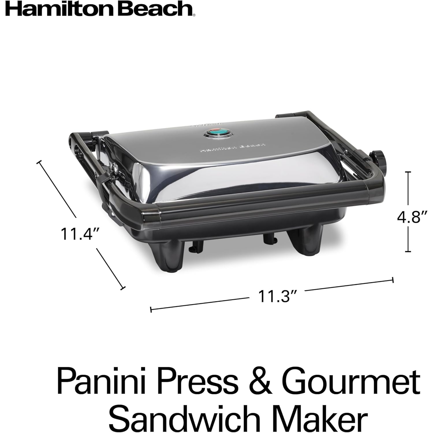 Hamilton Beach Panini Press Sandwich Maker & Electric Indoor Grill with Locking Lid, Opens Wide to Fit Any Thickness for Quesadillas, Burgers & More, Nonstick 8" x 10" Grids, Chrome (25460MNA)