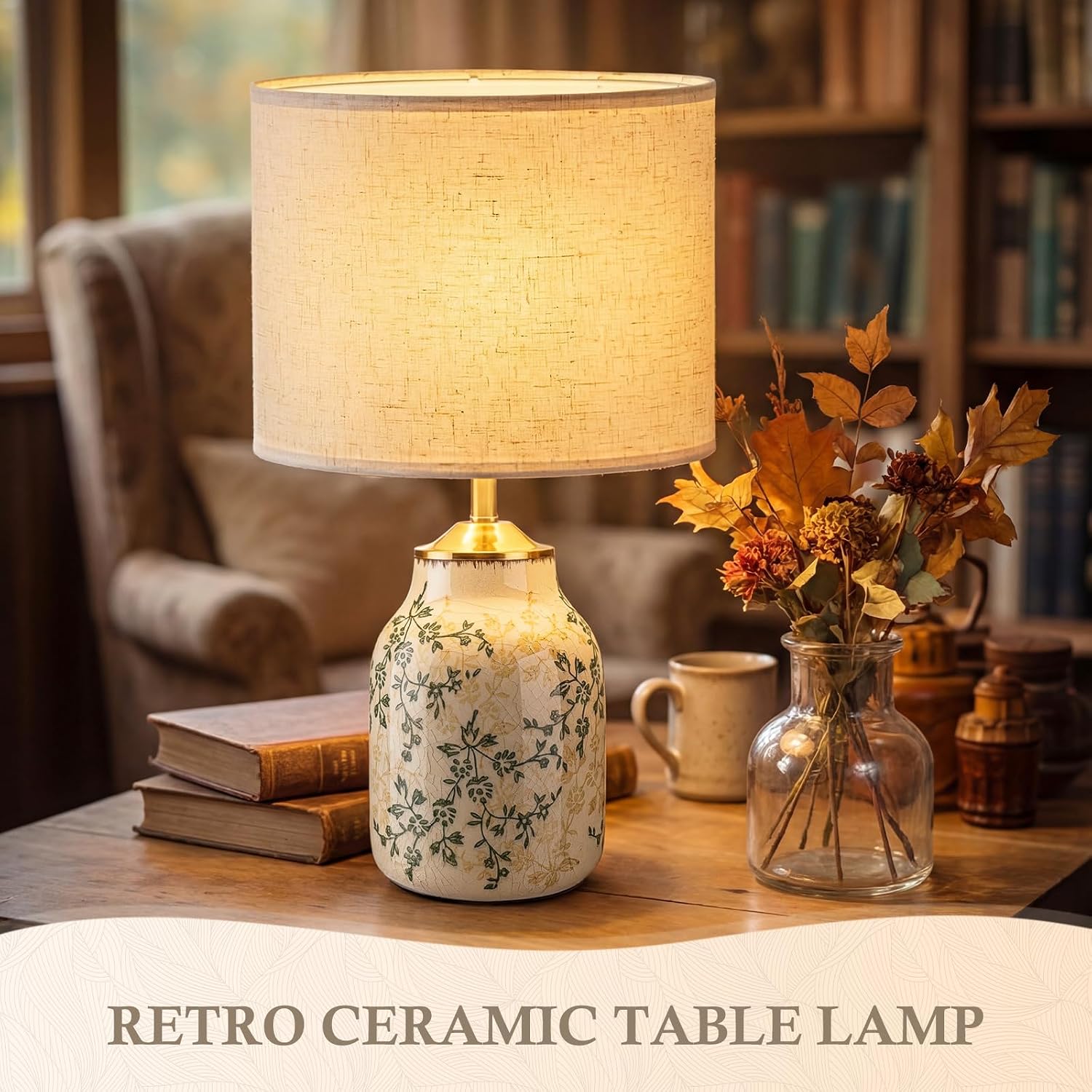 Tellingyou 1 Pcs 21" Vintage Green Ceramic Lamp With Beige Linen Shade Farmhouse Modern Table Lamp Ice Cracked Rose Floral For Bedroom Living Room Office Dorm Desk Table Rocker, Bulbs Not Included