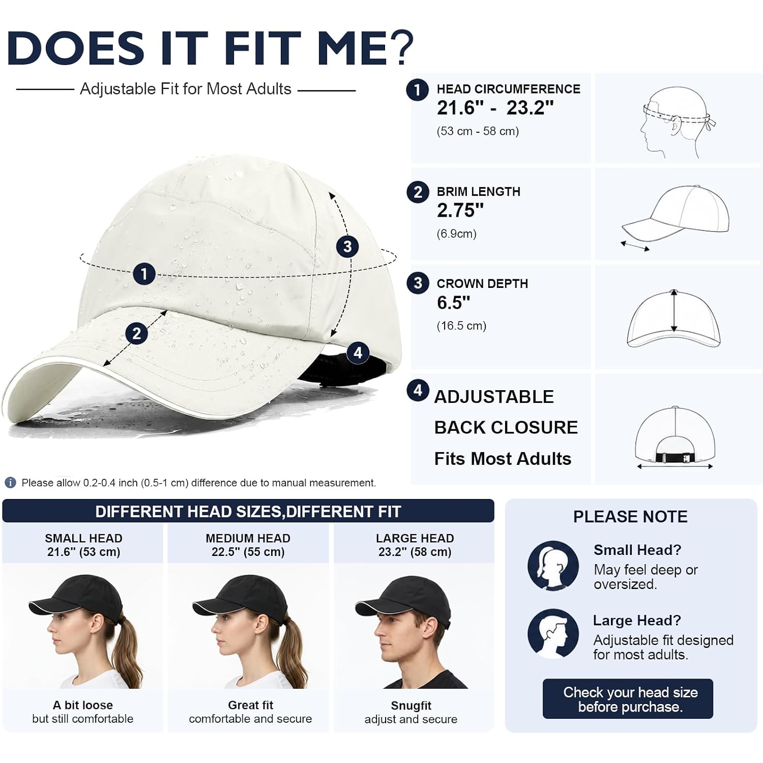Mens Waterproof Baseball Cap Womens Rain Hat Quick Dry Running Hat with Sweatband Outdoor Golf Breathable Sports Cap Beige Grey