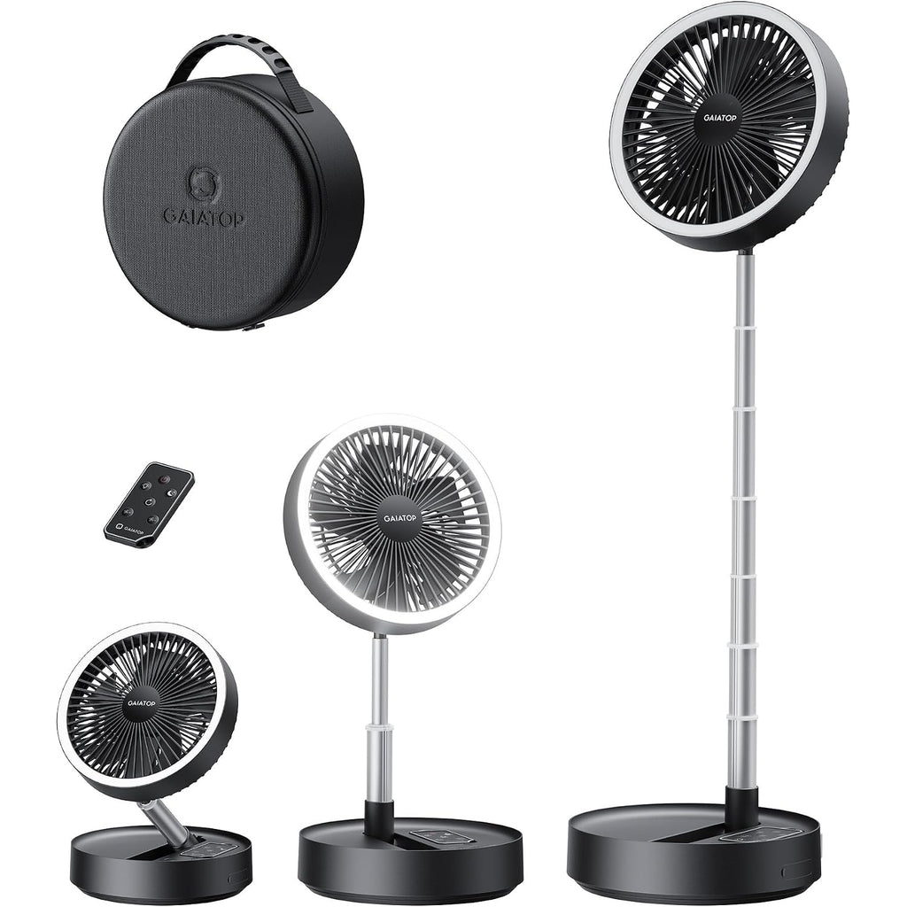 Gaiatop Portable Pedestal Fan 16000Mah Battery [Max 74H Runtime], Foldable Oscillating Standing Fan, Collapsible Desk Fans, Led Light, Case & Remote Control 4 Speeds For Outdoor Travel Camping (Black)