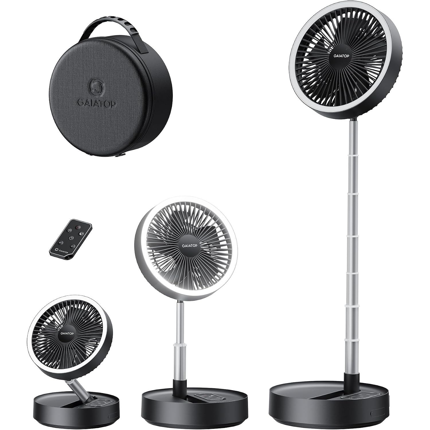 Gaiatop Portable Pedestal Fan 16000Mah Battery [Max 74H Runtime], Foldable Oscillating Standing Fan, Collapsible Desk Fans, Led Light, Case & Remote Control 4 Speeds For Outdoor Travel Camping (Black)