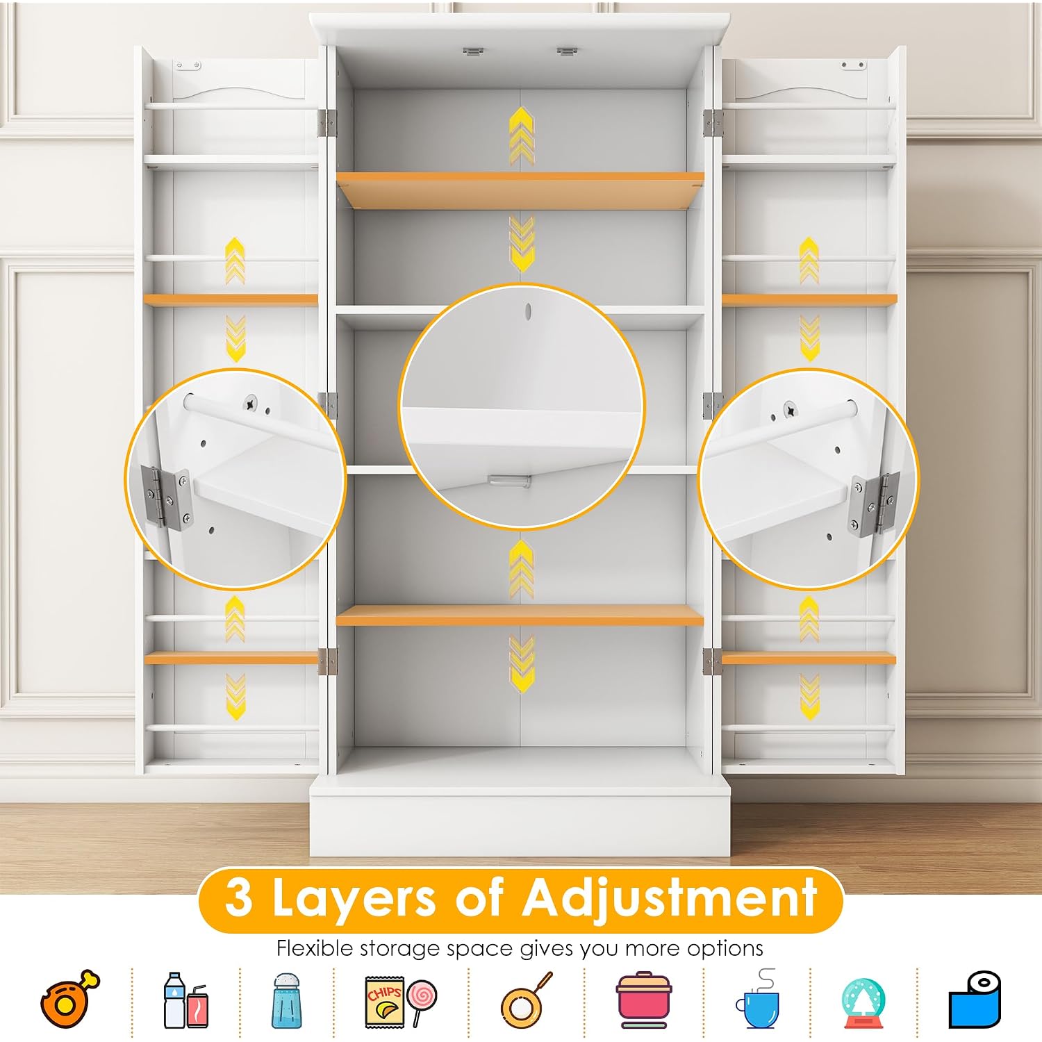 47” Pantry Cabinet, Kitchen Pantry Storage Cabinet With Doors And Adjustable Shelves,Freestanding Buffet Cupboards Sideboard For Living Room And Dinning Room (White)