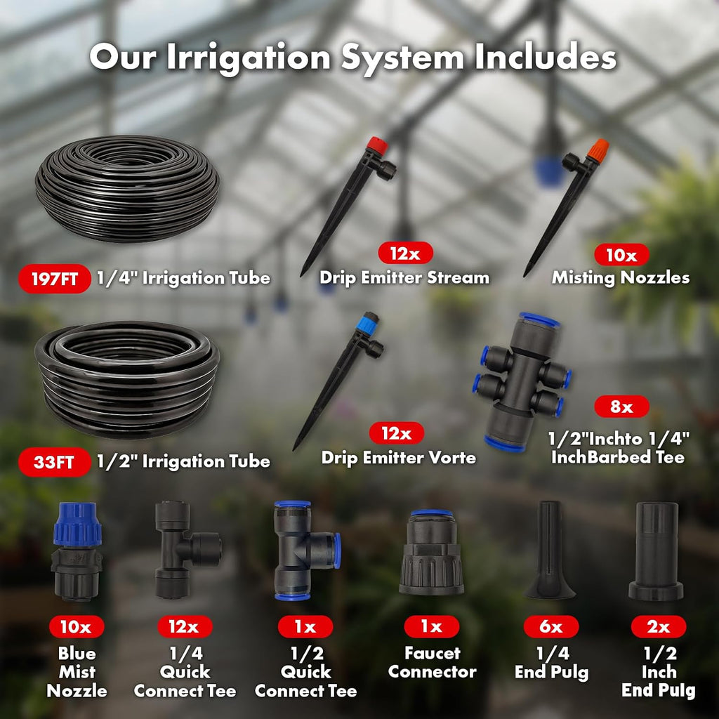 Drip Irrigation System 230Ft Quick-Connect Drip Irrigation Kit With 1/4 Inch 1/2 Inch Irrigation Tubing Hose And Accessories For Lawn Raised Bed Greenhouse Plant Watering System