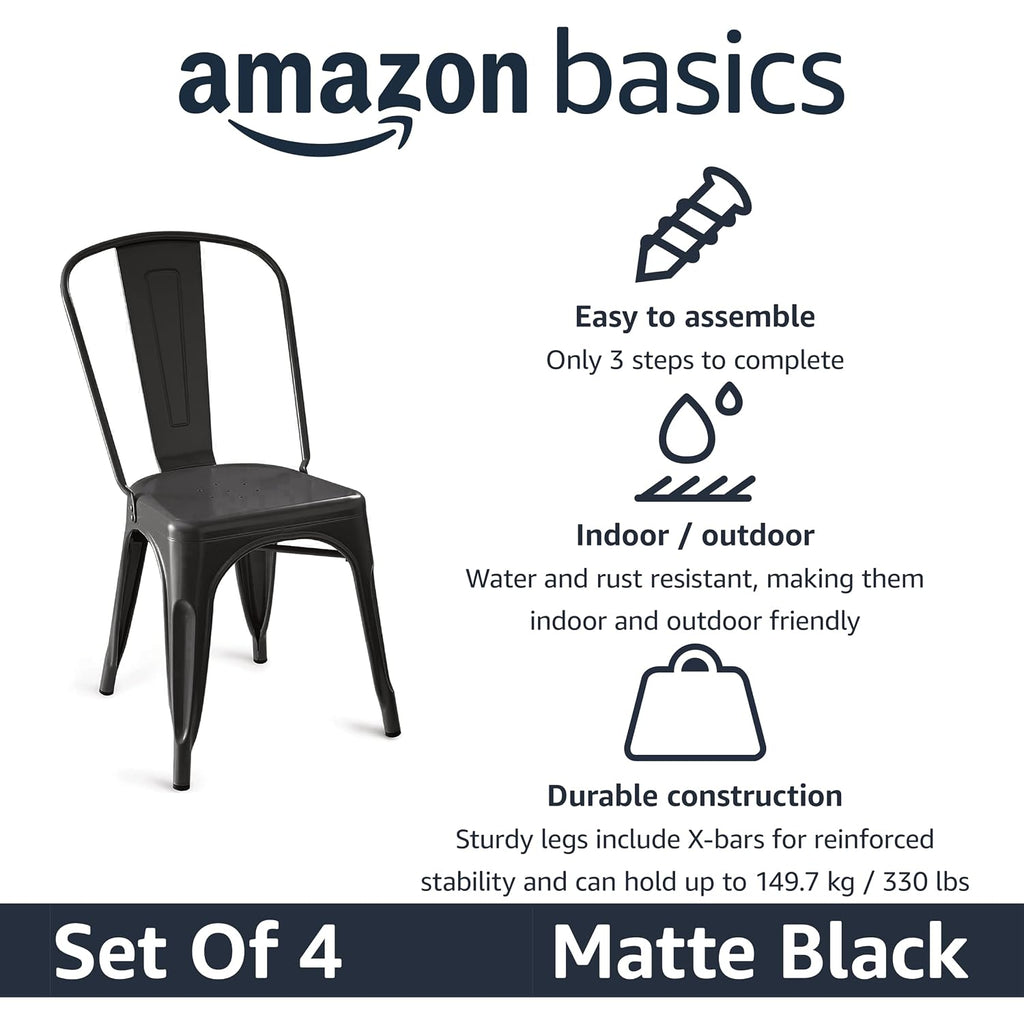 Amazon Basics Metal Dining Chairs, Easy To Assemble, Indoor/Outdoor, Stackable, Matte Black, 4-Pack