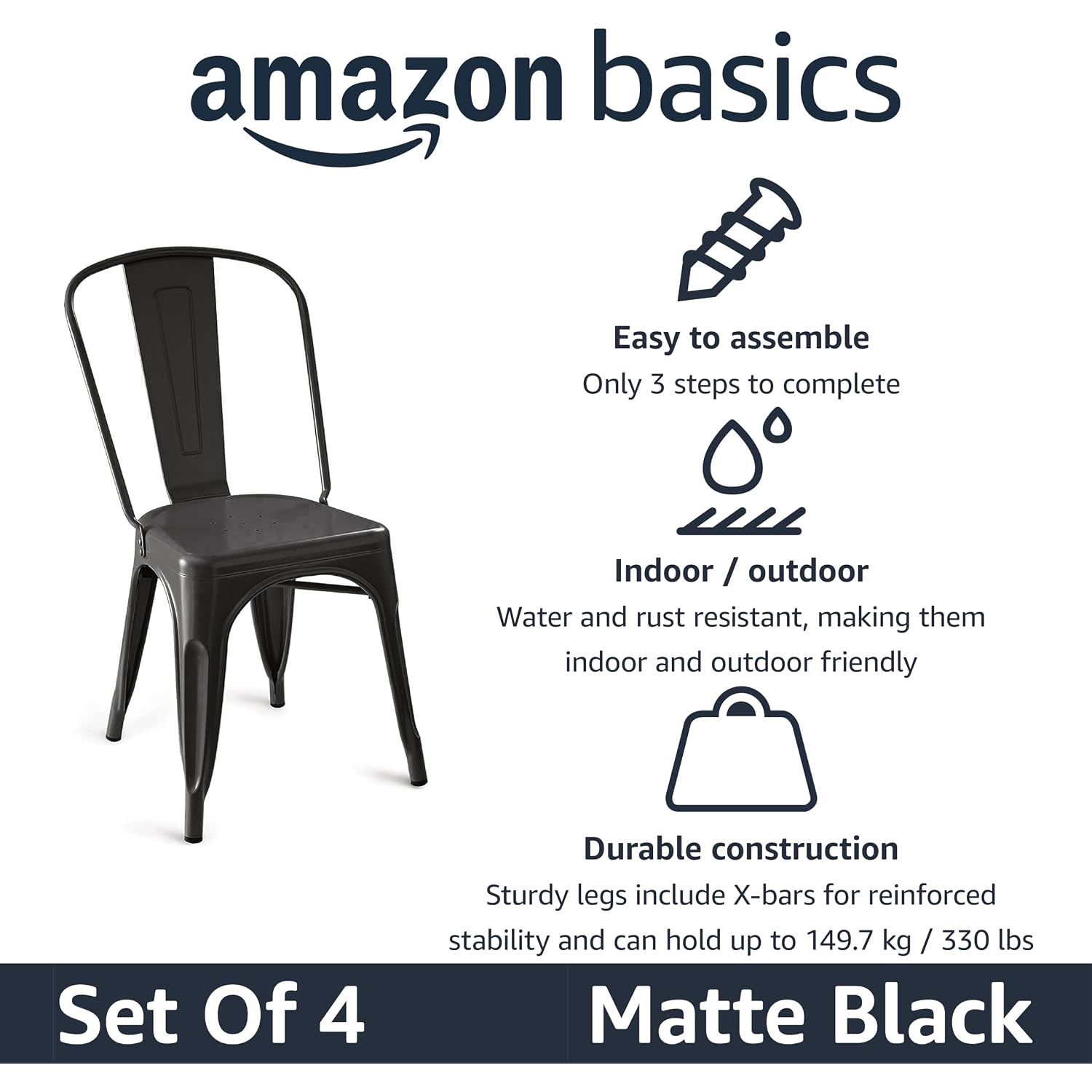 Amazon Basics Metal Dining Chairs, Easy To Assemble, Indoor/Outdoor, Stackable, Matte Black, 4-Pack