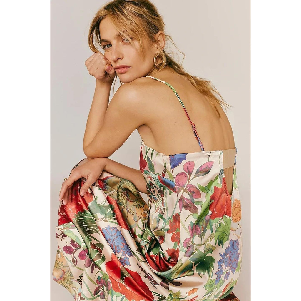 Abyovrt Women Boho Floral Maxi Dress Backless Spaghetti Strap A-Line Flowy Summer Vacation Long Dress