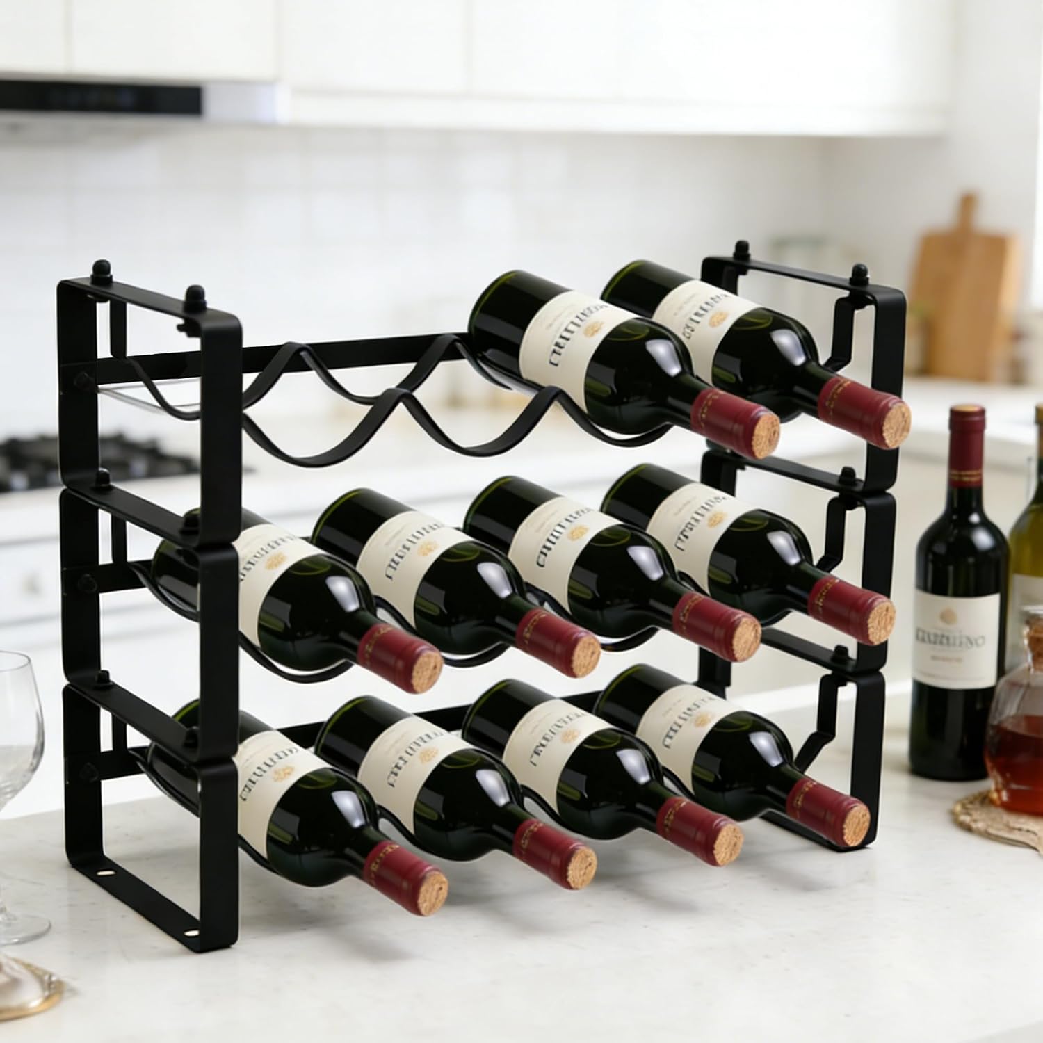 Wine Rack For Countertop – Stackable Freestanding Bottle Organizer For Kitchen, Pantry, Bar Cabinet & Small Spaces – Compact Metal Shelf & Modular Storage Stand (3-Tier)