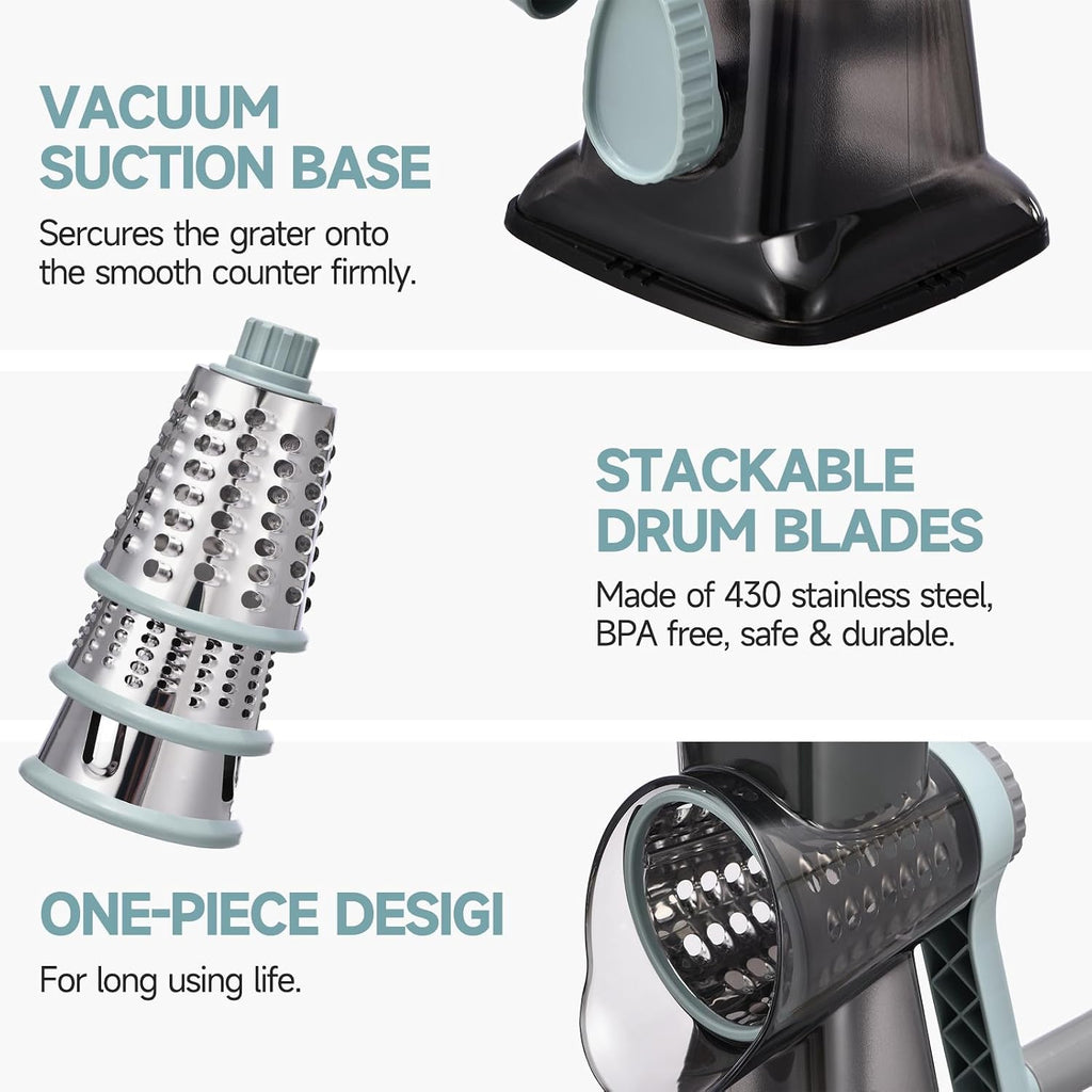 Rotary Cheese Grater With Handle Kitchen Shredder Slicer Grater Slicer Ice Shaver Cheese Vegetable Nuts Potato Zucchini Chocolate 3 Interchangeable Blades (Greyblue