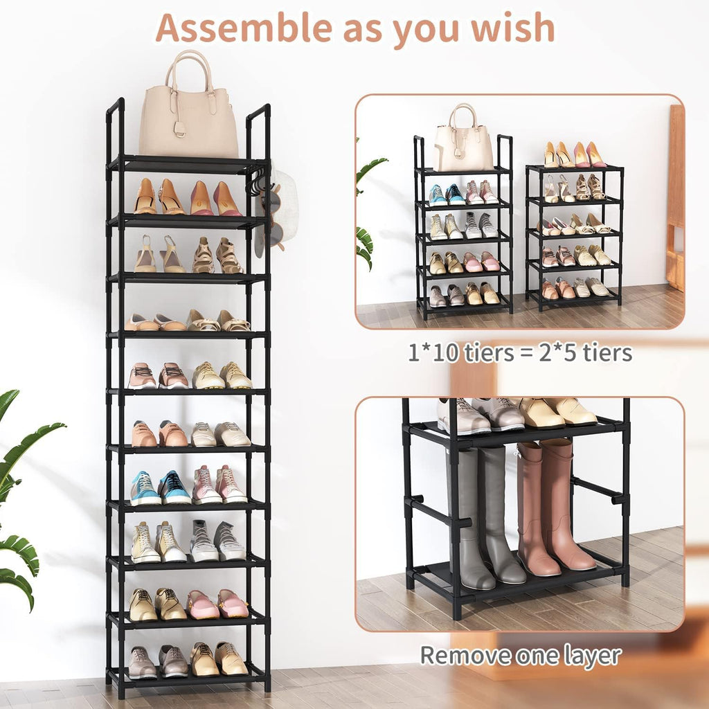 10 Tiers Tall Shoe Rack 20-25 Pairs Boots Organizer Storage Sturdy Narrow Shoe Shelf For Entryway, Closets With Hooks, Black