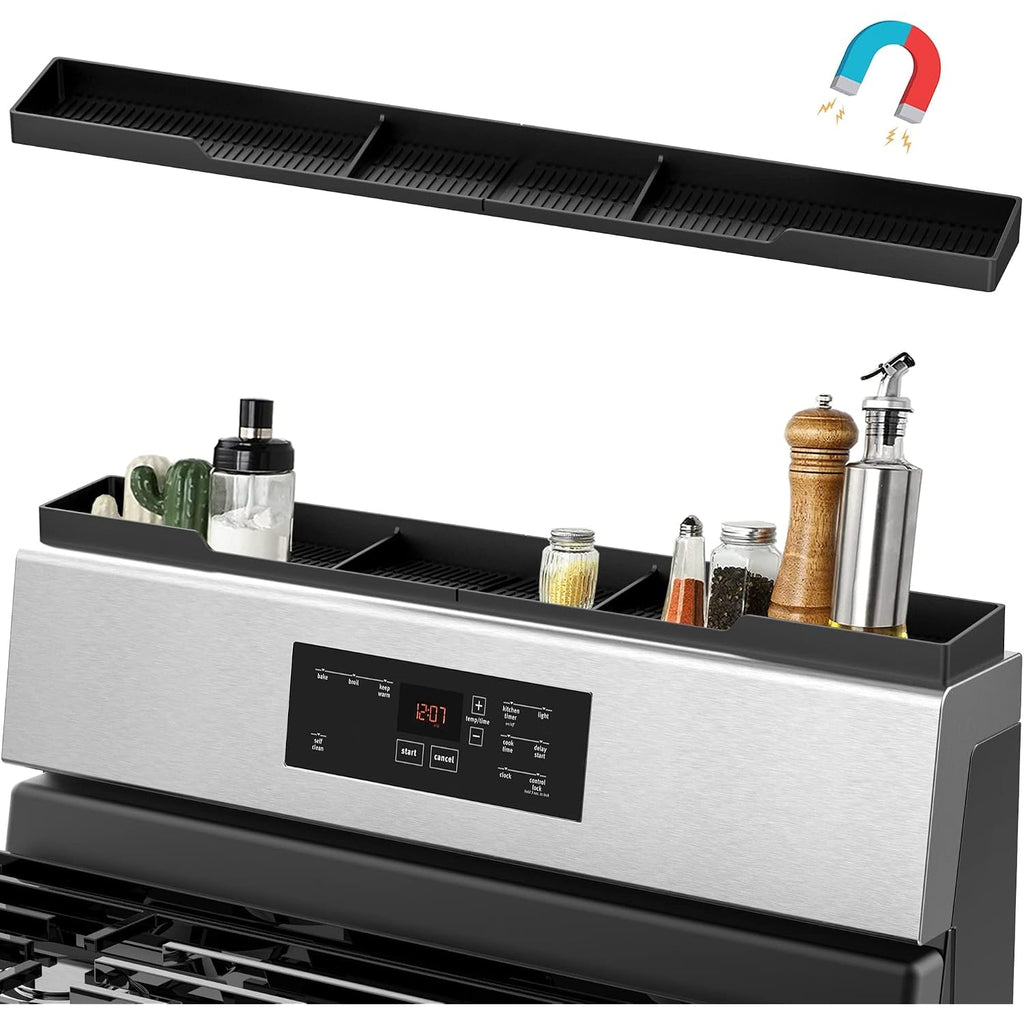 Stove Top Shelf 30 Inch - Silicone Material Magnetic Shelf For Stove - 3 Functional Partitions Kitchen Spice Rack Organizer-Black,Kitchen Gadgets Storage Organization