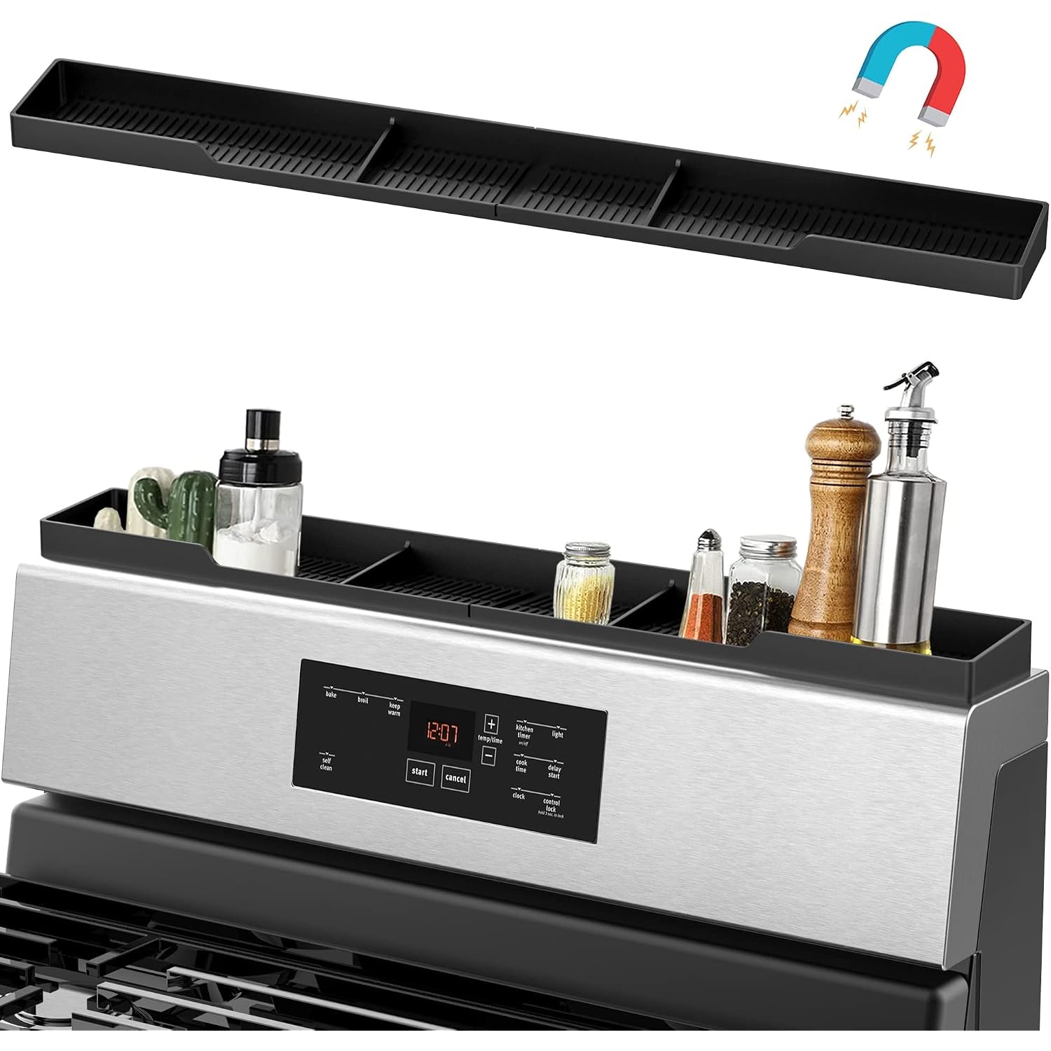 Stove Top Shelf 30 Inch - Silicone Material Magnetic Shelf For Stove - 3 Functional Partitions Kitchen Spice Rack Organizer-Black,Kitchen Gadgets Storage Organization