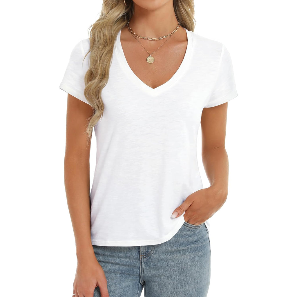 Womens Modal Soft T Shirts Short Sleeve V Neck Basic Tee Casual Loose Fit Tops Lightweight Soft Summer Outfits Clothes