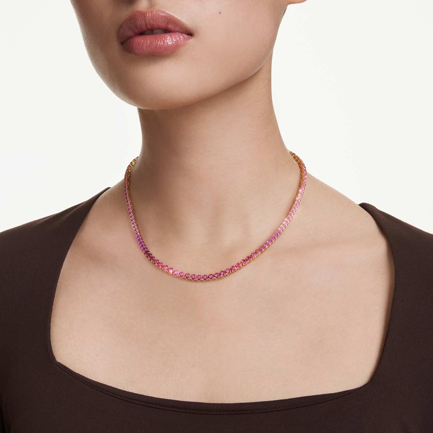 Swarovski Matrix Tennis necklace, Round cut, Pink, Gold-tone plated