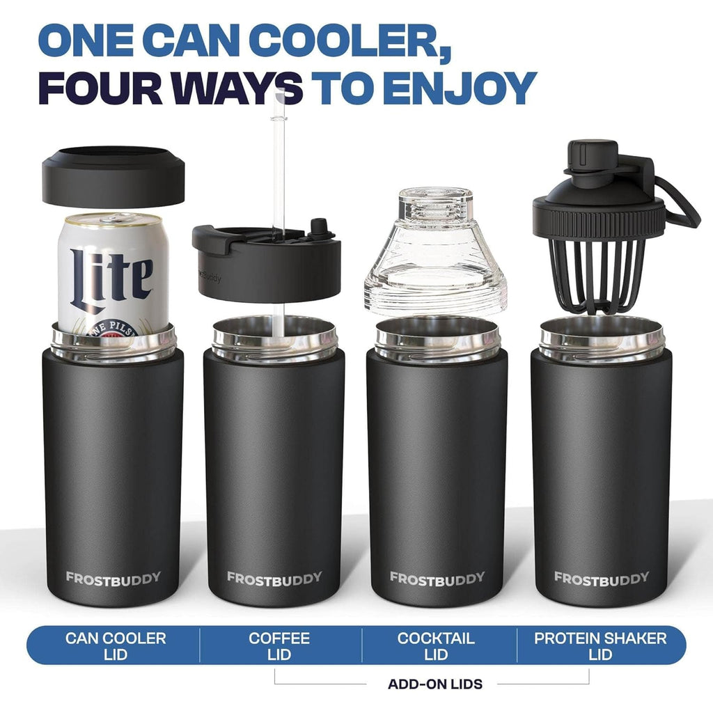 Frost Buddy Universal Can Cooler - Fits All - For Regular 12 & 16 oz or Slim-Size Bottles - Insulated Double-Walled Stainless Steel (MatteBlack)