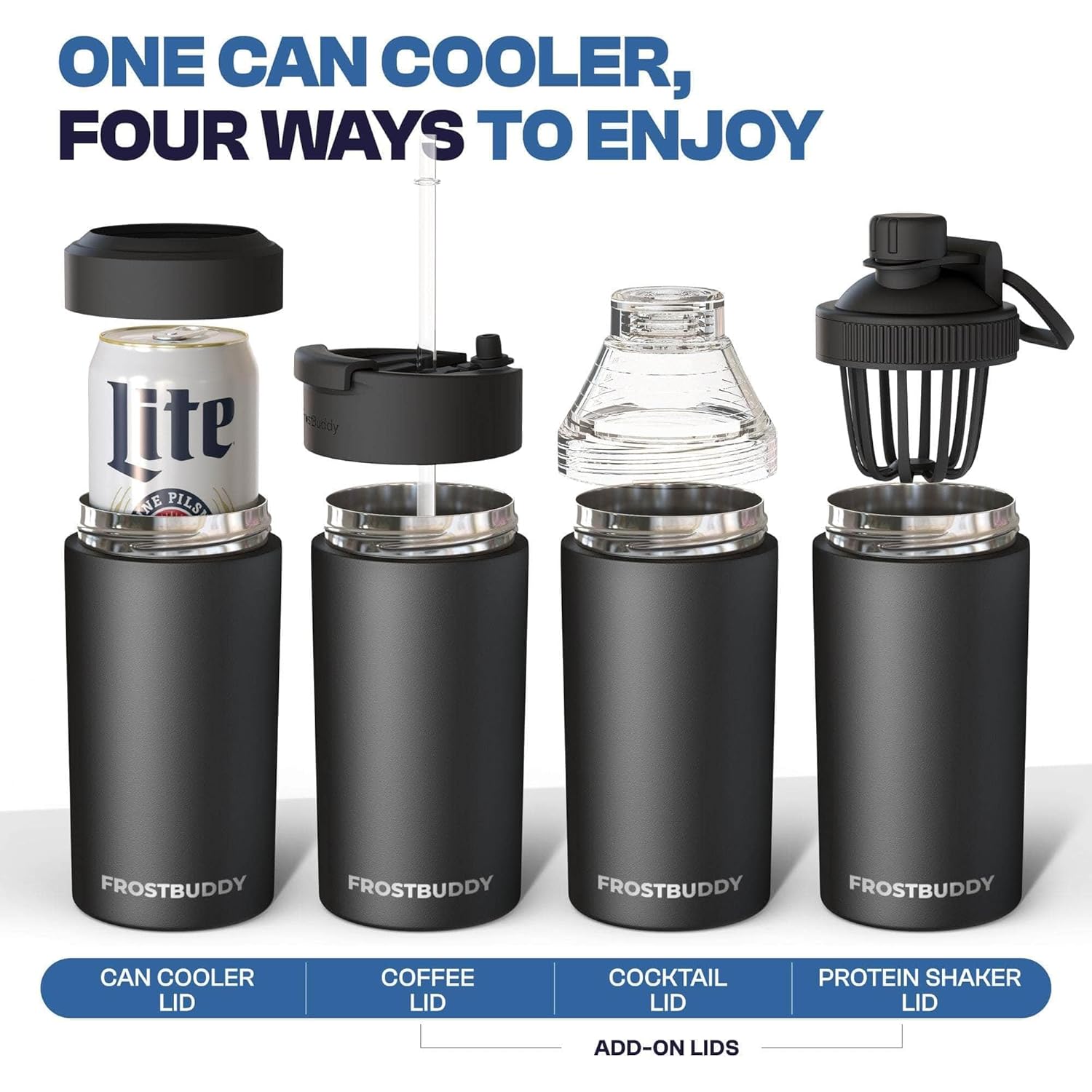 Frost Buddy Universal Can Cooler - Fits All - For Regular 12 & 16 oz or Slim-Size Bottles - Insulated Double-Walled Stainless Steel (MatteBlack)