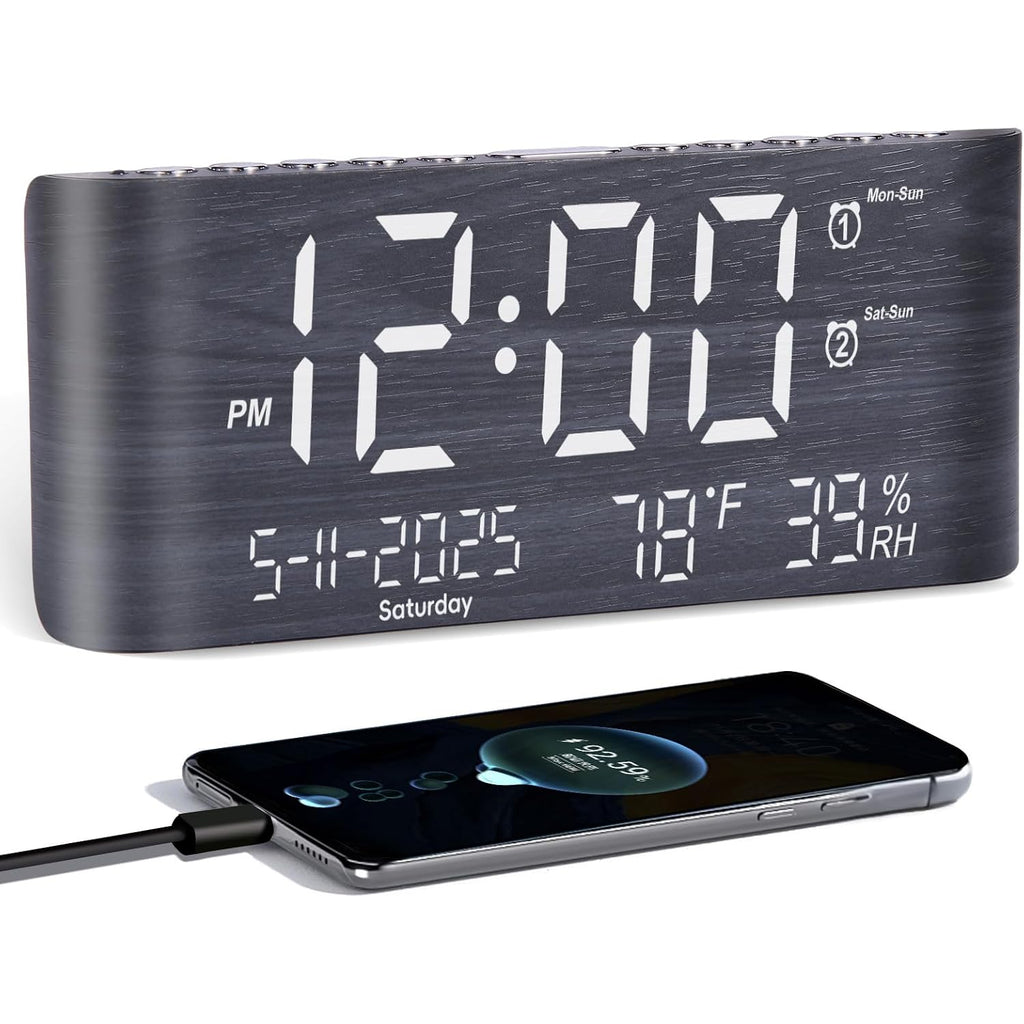 Pplee 8.7Inch Digital Alarm Clock For Bedroom-Digital Clock With Day Of Week Month Year Humidity & Temperature Brightness Snooze 2 Alarm Clock & 2 Usb Charger Desk Clock For Heavy Sleeper