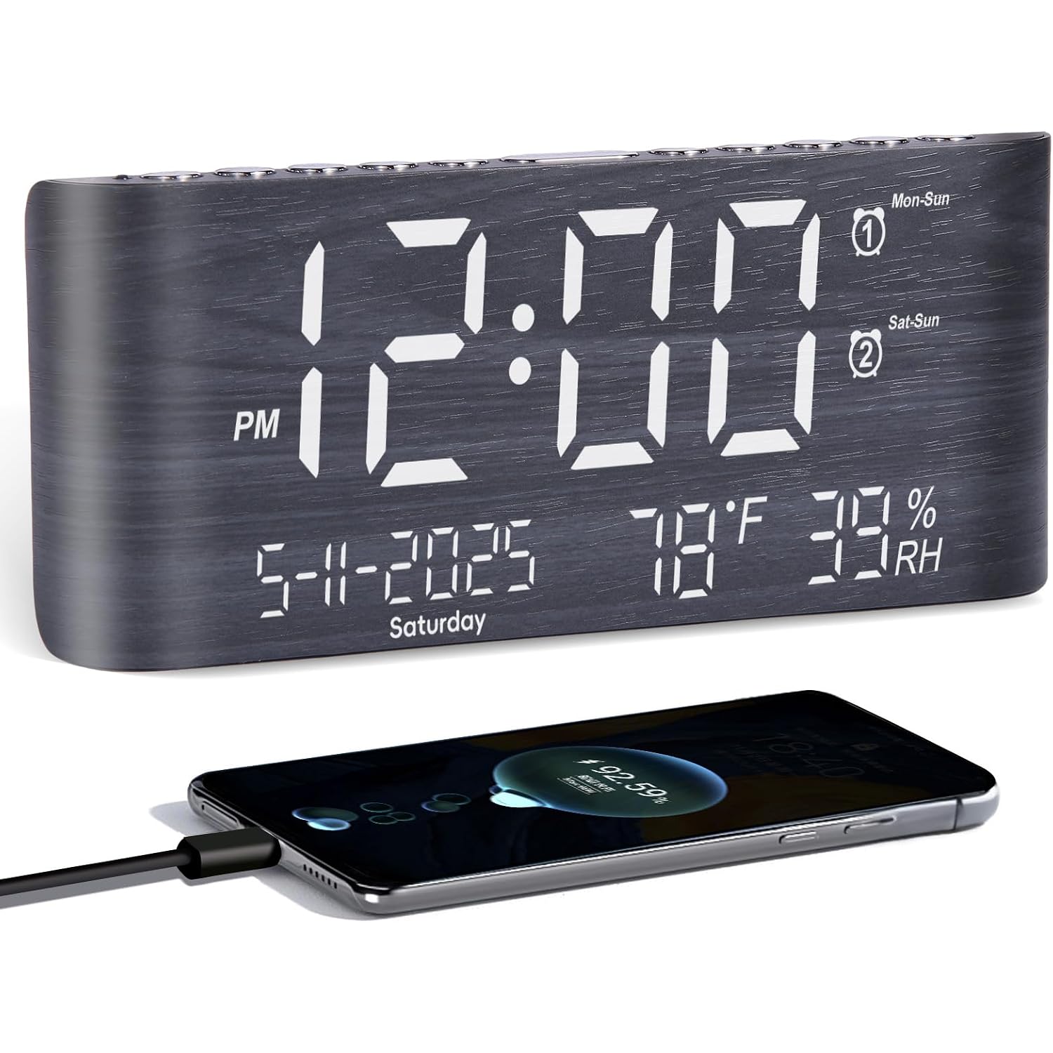 Pplee 8.7Inch Digital Alarm Clock For Bedroom-Digital Clock With Day Of Week Month Year Humidity & Temperature Brightness Snooze 2 Alarm Clock & 2 Usb Charger Desk Clock For Heavy Sleeper