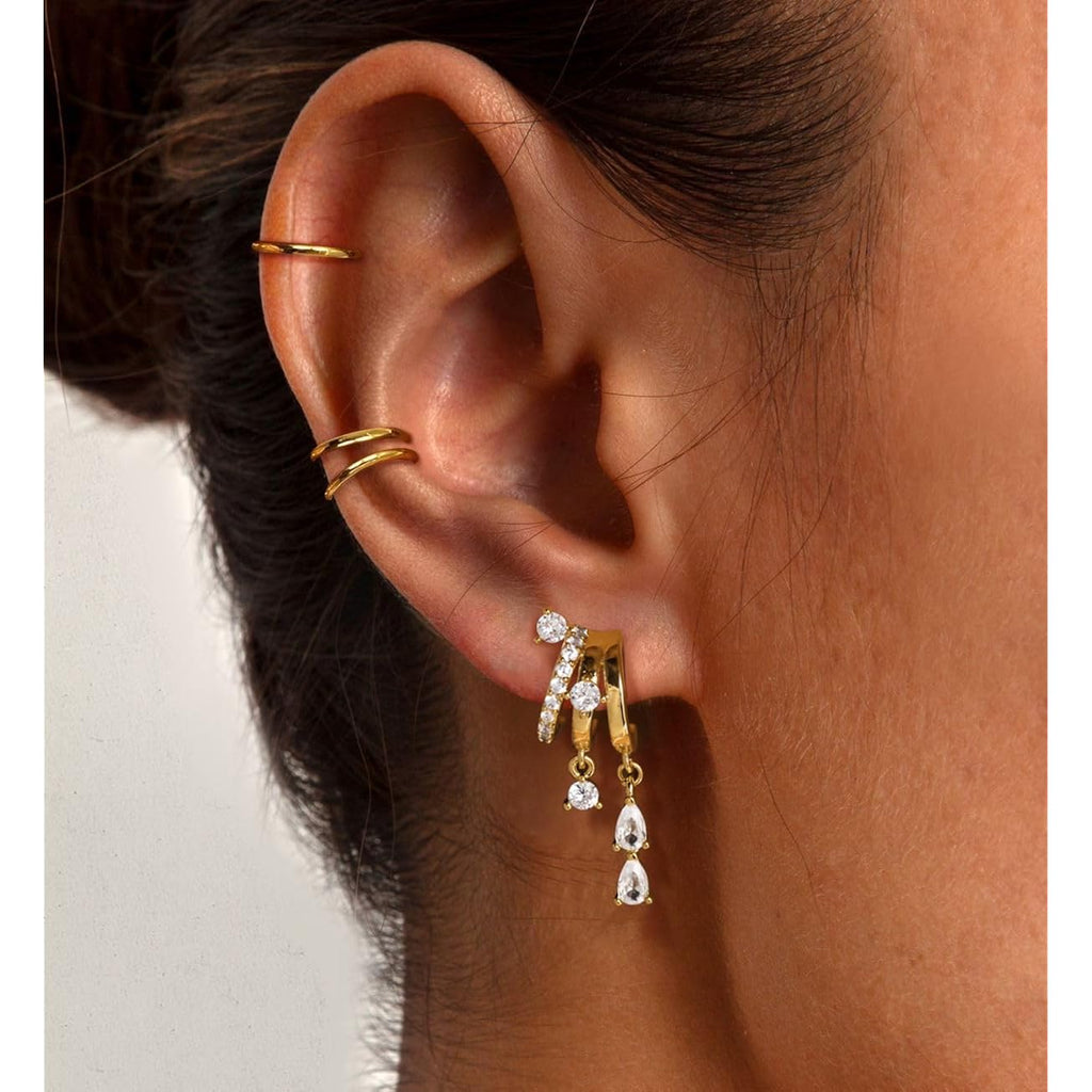 Triple Huggie Stacked Earrings for Women Gold Chain Drop Dangle Earrings Cute Statement CZ Earrings Trendy Dainty Jewelry Gift