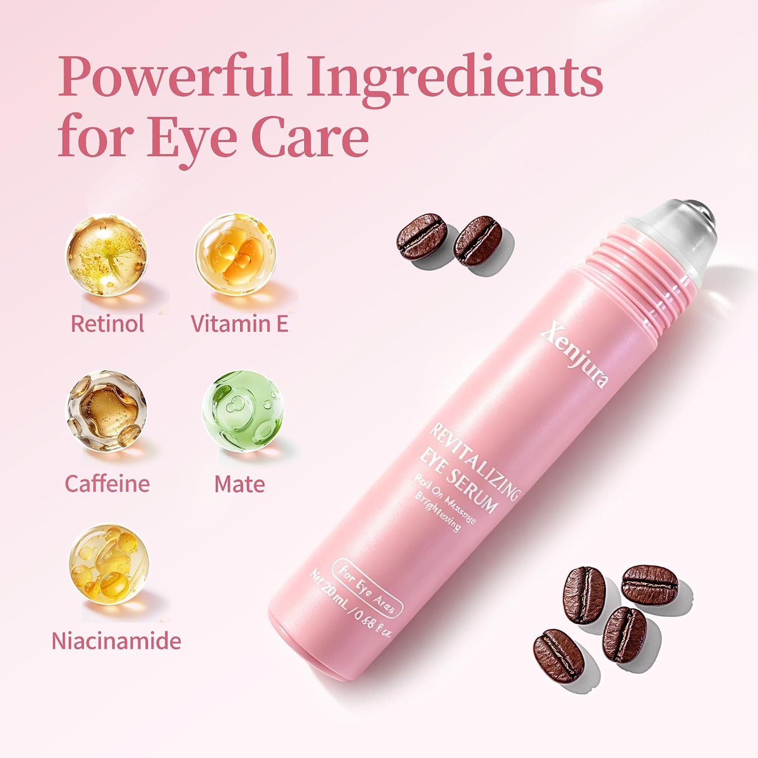 Retinol & Caffeine Under Eye Roller Serum | Xenjura Cooling Eye Cream For Puffy Eyes & Dark Circles | Anti Aging Wrinkle Remover For Fine Lines | Vegan Skincare (20Ml / 0.7 Fl Oz)