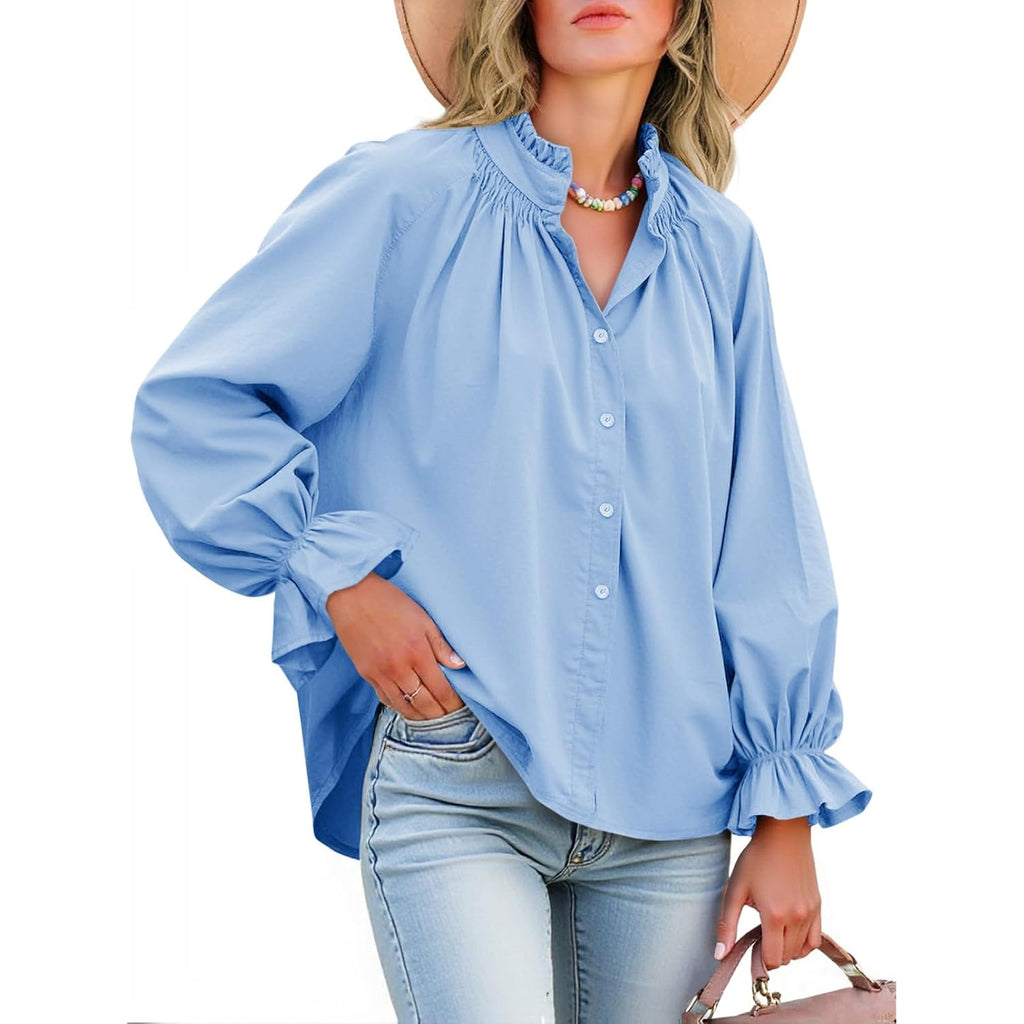 Womens Puff Long Sleeve Button Down Shirts Pleated V Neck Cotton Blouses Loose Fit Casual Ruffle Tops