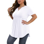 Women'S Plus Size White Tunic Tops V Neck Short Sleeve Loose Fit Flowy For Leggings