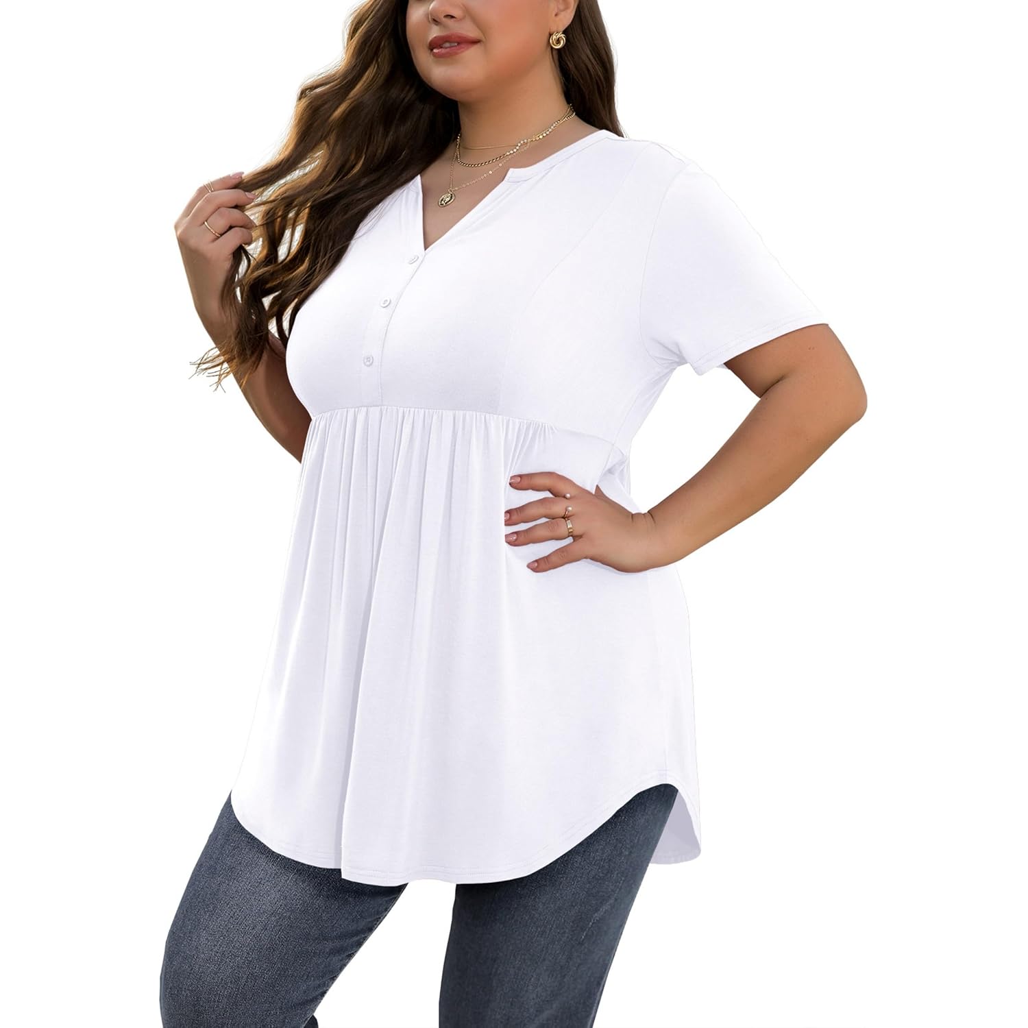 Women'S Plus Size White Tunic Tops V Neck Short Sleeve Loose Fit Flowy For Leggings