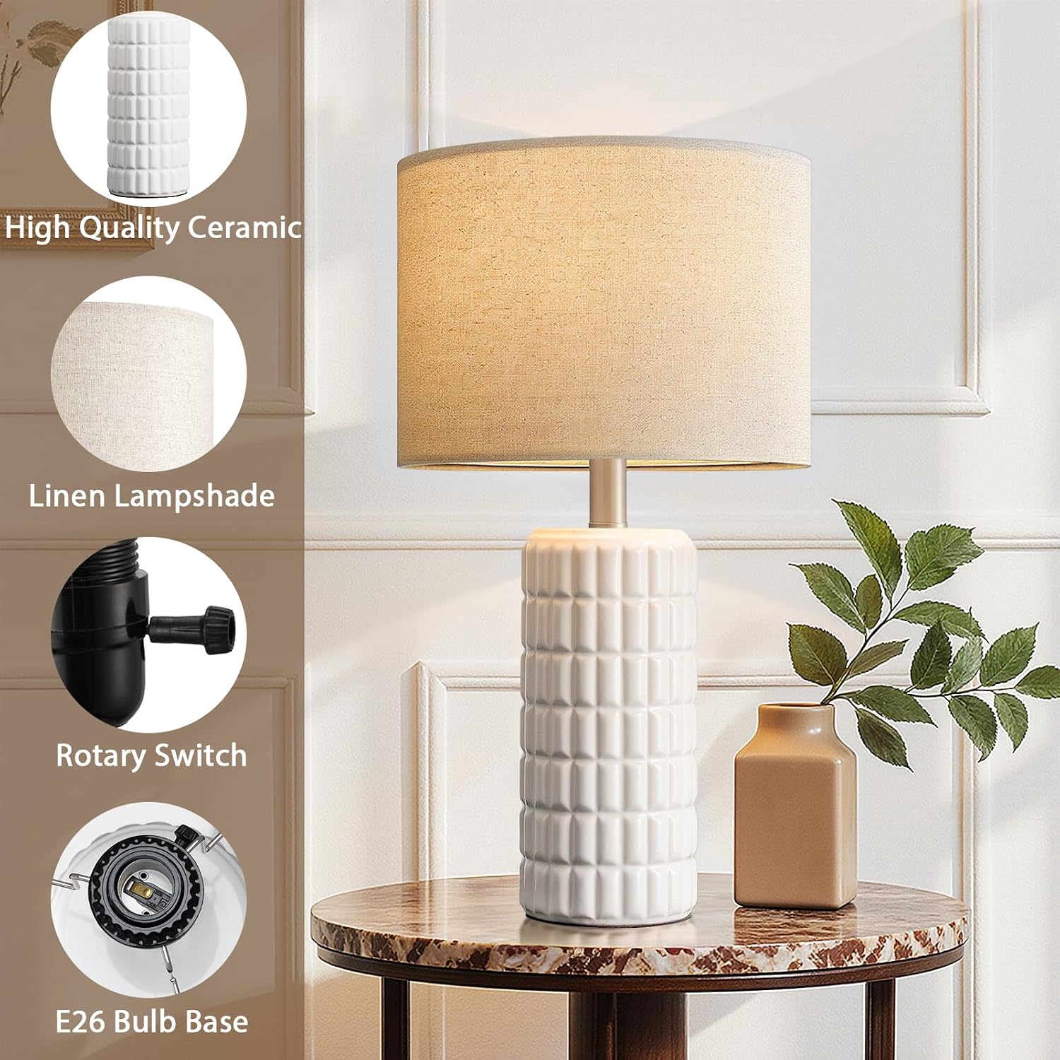 23" Modern Ceramic Table Lamps Set Of 2 - Table Lamps For Living Room, Farmhouse Bedside Night Stands Lamp For Bedroom, White Nightstand Lamps Set Of 2, Desk Lamp For End Table Home Decor