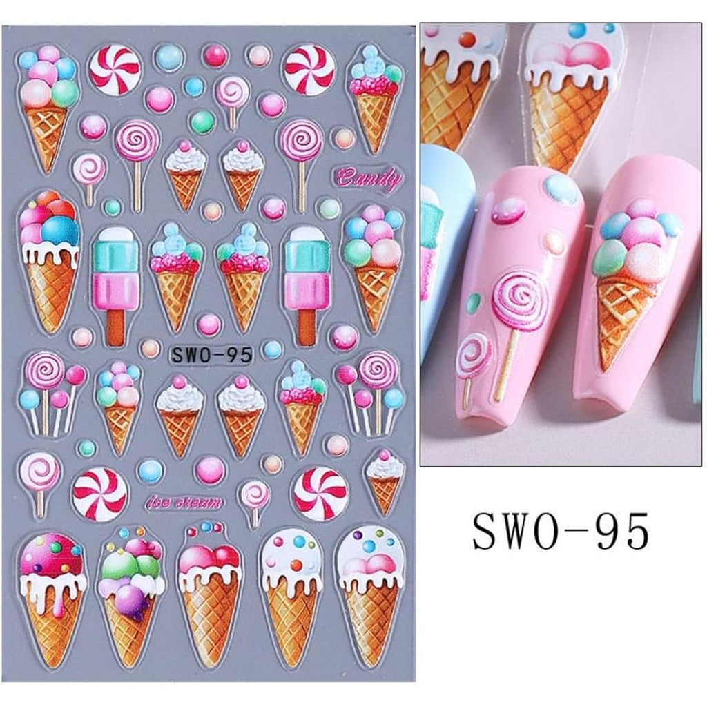 Summer Nail Art Stickers 5D Embossed Ice Cream Cone Nail Stickers 3D Self-Adhesive Lollipop Nail Decals Gold Butterfly Nail Designs Fruit Flower Nail Art Decoration for Women Girls Manicure 3 Sheets