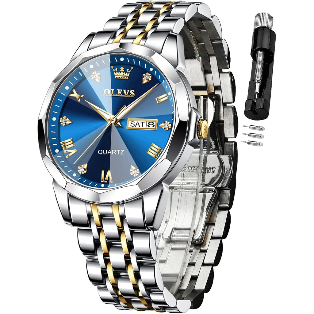 Olevs Watch For Men Diamond Business Dress Analog Quartz Stainless Steel Waterproof Luminous Date Two Tone Luxury Casual Wrist Watch Blue