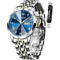Olevs Watch For Men Diamond Business Dress Analog Quartz Stainless Steel Waterproof Luminous Date Two Tone Luxury Casual Wrist Watch Blue