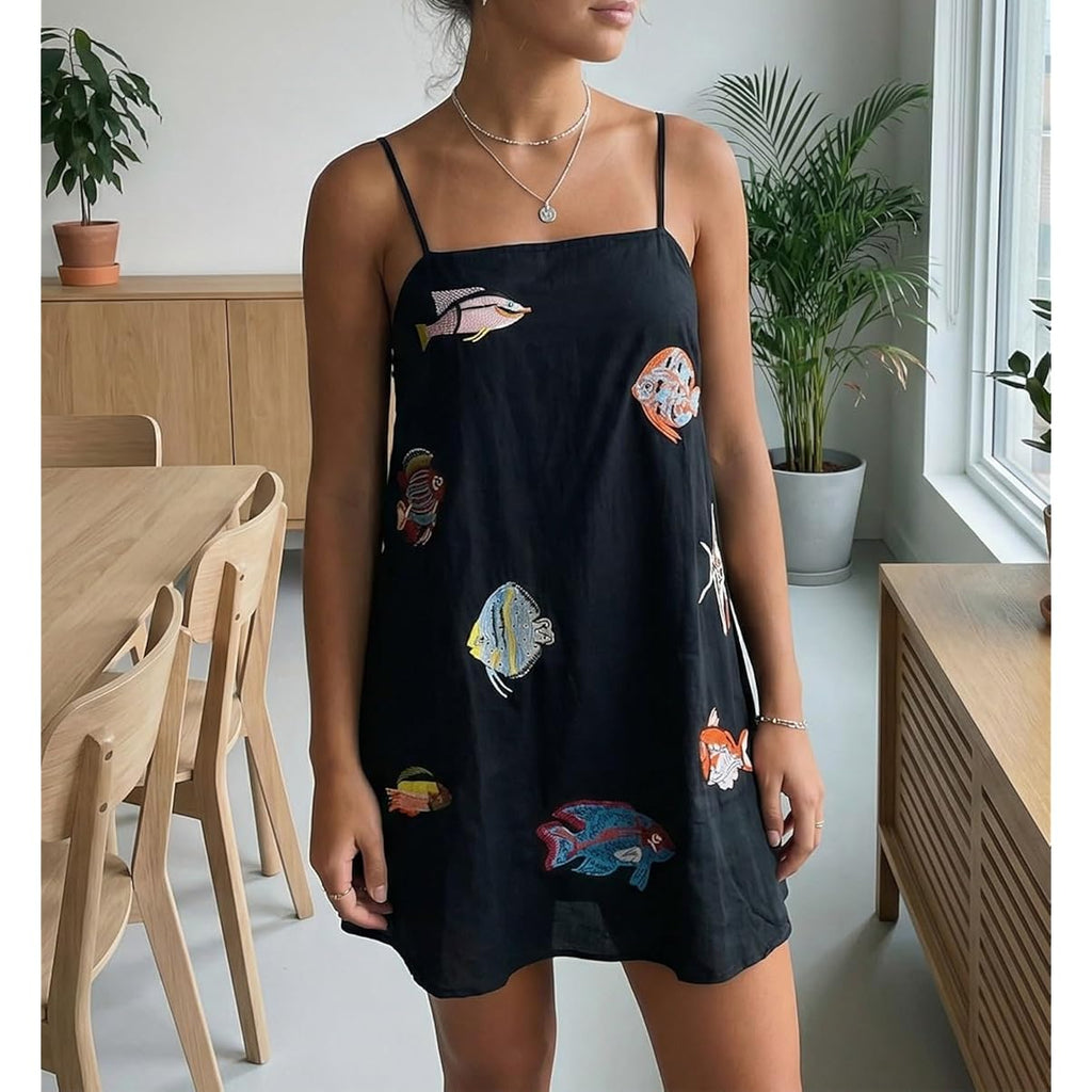 Women Boho Mini Cami Dress Graffiti Spaghetti Strap Aline Fruit Dress Cute Colofrul Short Beach Sundress