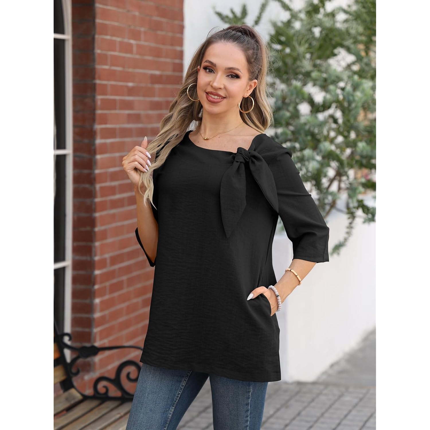 Summer Tunic Tops for Women 3/4 Sleeve Linen Blouse with Pockets & Bow Tie Neck Ladies Tops for Brunch Casual Wear