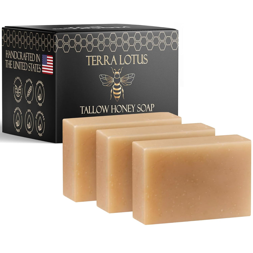 Terra Lotus - Organic Tallow Soap With Organic Castor Oil & Raw Honey - Hydrating & Nourishing - 3 Pack (Unscented)