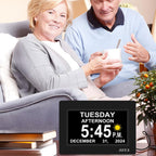 Ssya 7 Inch Calendar Clock - 12 Alarm Options, Level 5 Auto Dimmable Display,Extra Large Impaired Vision Digital Clock With Non-Abbreviated Day & Month (Black)