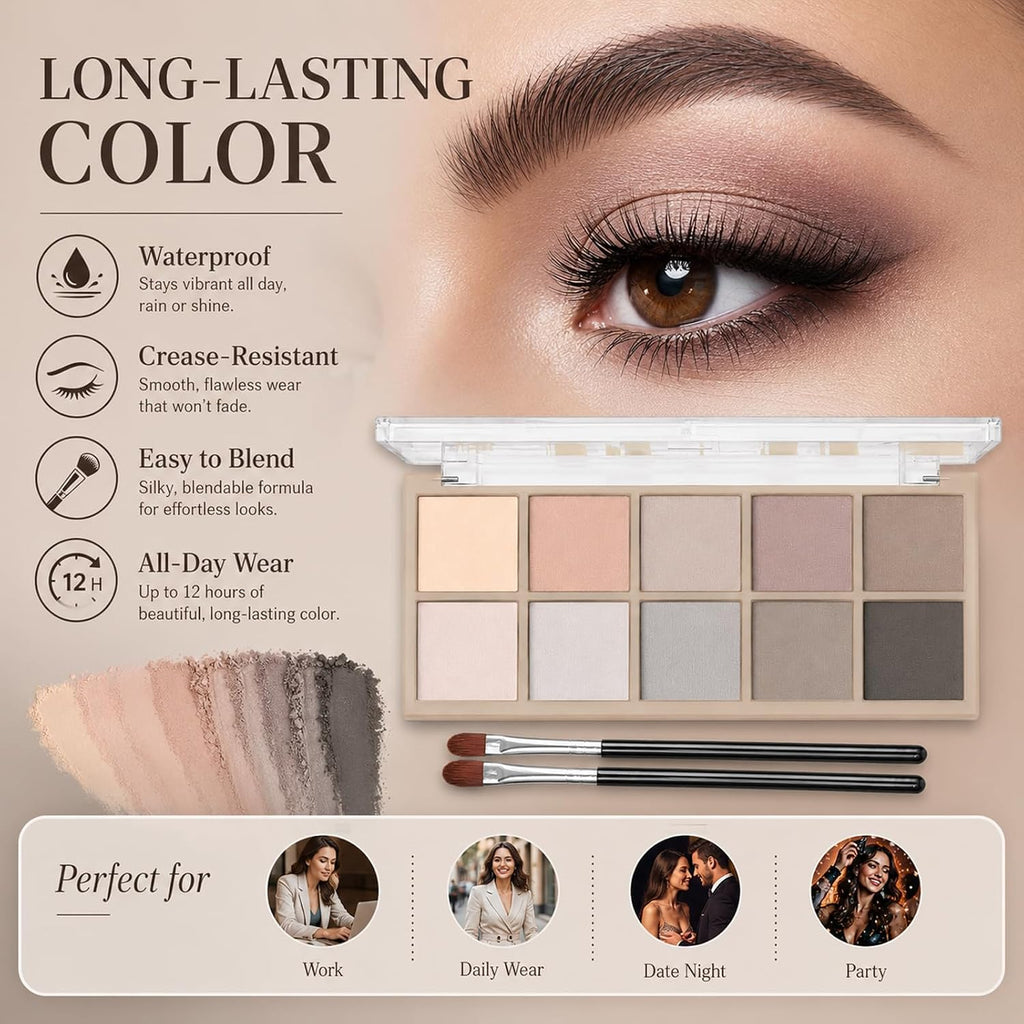Sulily 10 Colors Matte Eyeshadow Palette, Gray Taupe Brown Nude Eye Shadow Makeup, Neutral Smokey Eye Shadowfor Older Women, Blendable,Long Lasting Waterproof Professional Beauty Makeup Kit, Cement
