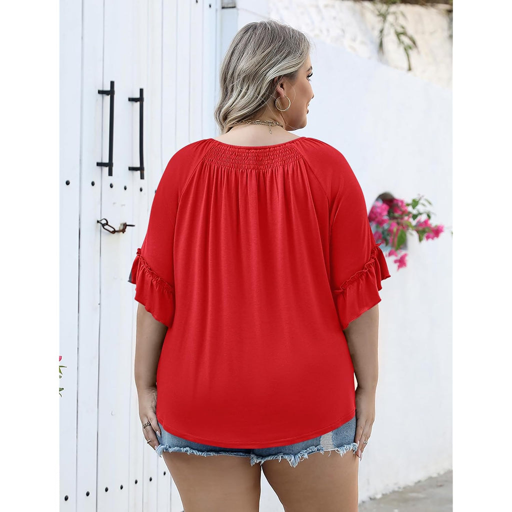 Micoson Womens Plus Size Tops 3/4 Ruffle Sleeve Shirts Crewneck Pleated Blouses Dressy Casual Fashion Tunic Top (1X-5X)