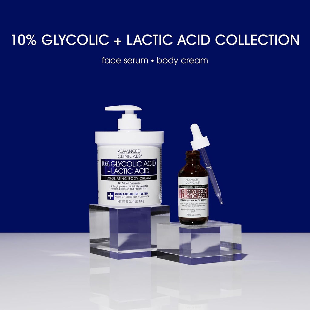 Advanced Clinicals 10% Glycolic Acid + Lactic Acid Lotion Exfoliant Moisturizing Cream With Hyaluronic Acid Moisturizer | Aha Exfoliating Body Cream Improves Look Of Uneven Rough Skin Texture, 16 Oz