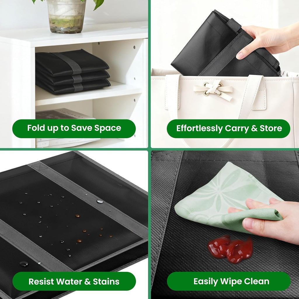 Spacewhisper Reusable Grocery Bags With Long Handles [3 Pack] - Multipurpose Shopping Bags For Groceries, Foldable Grocery Totes Resist Water & Stains For Kitchen, Car Trunk, Picnic (Black)