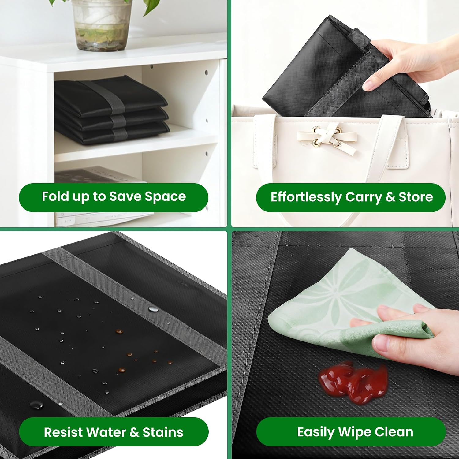 Spacewhisper Reusable Grocery Bags With Long Handles [3 Pack] - Multipurpose Shopping Bags For Groceries, Foldable Grocery Totes Resist Water & Stains For Kitchen, Car Trunk, Picnic (Black)