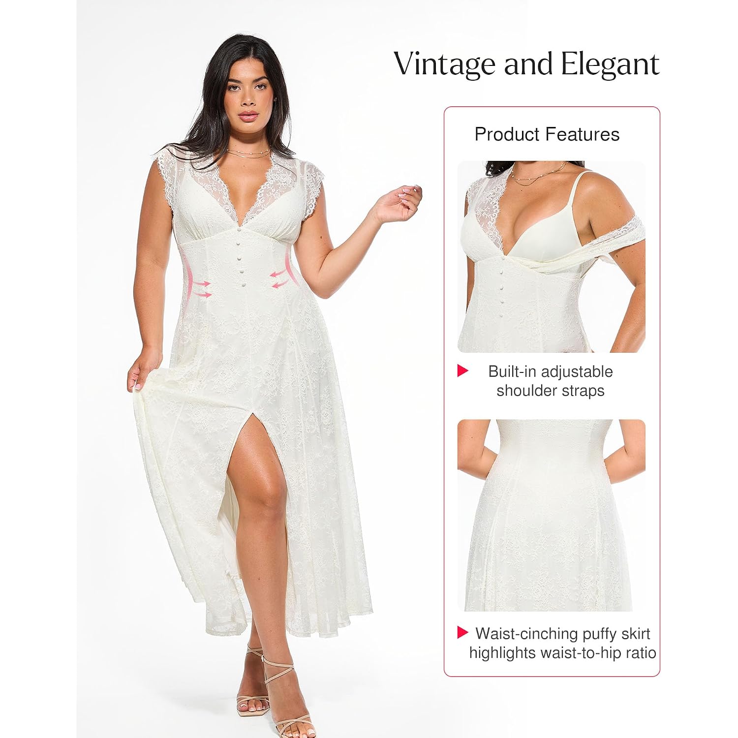 Popilush Women'S Lace Formal Cocktail Sleeveless V Neck Maxi Shapewear Dress Wedding Guest Mother Of Bride Split Dresses
